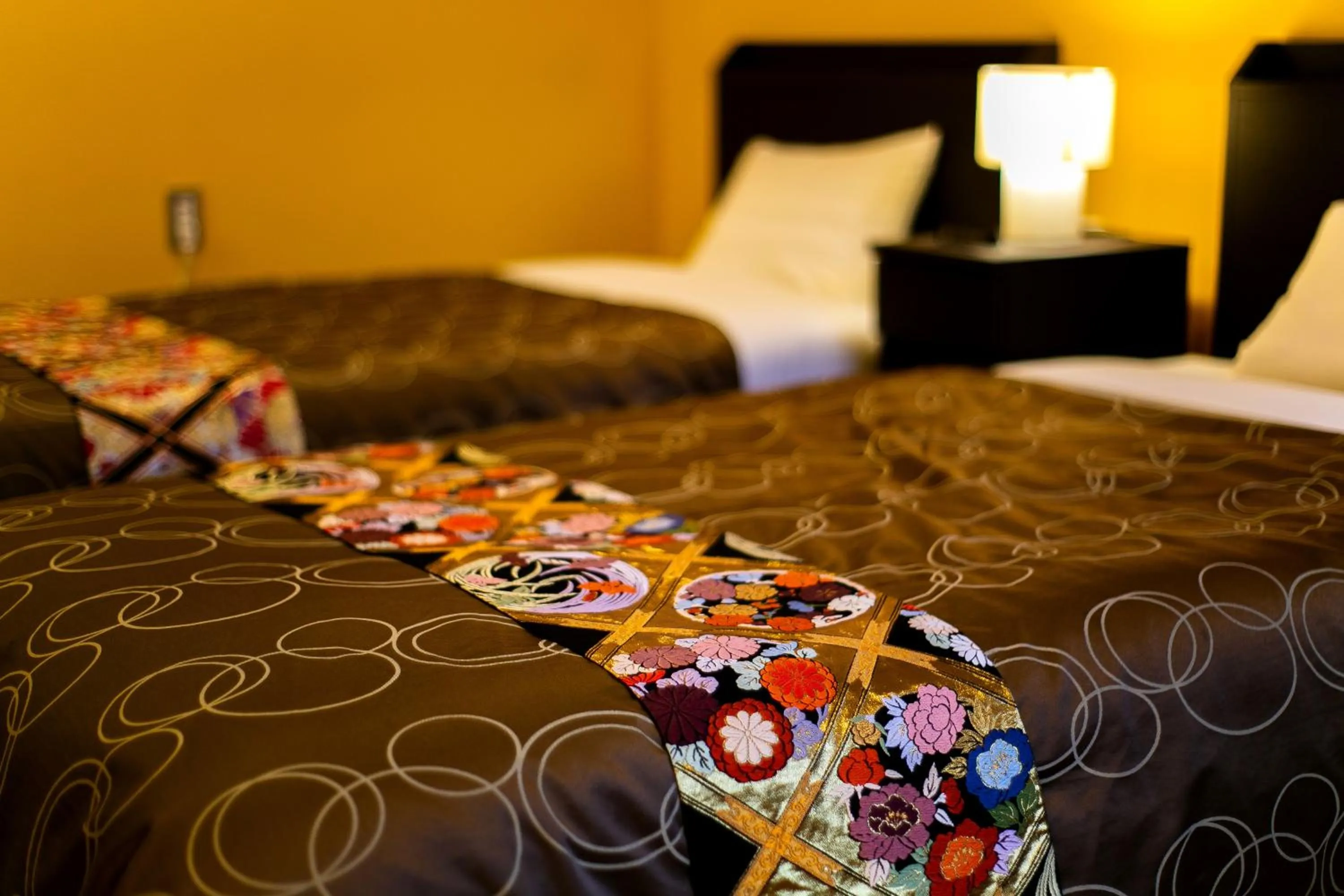 Decorative detail, Bed in Yufuin Lamp no Yado