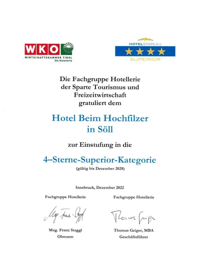 Certificate/Award in Beim Hochfilzer Superior 4 Sterne