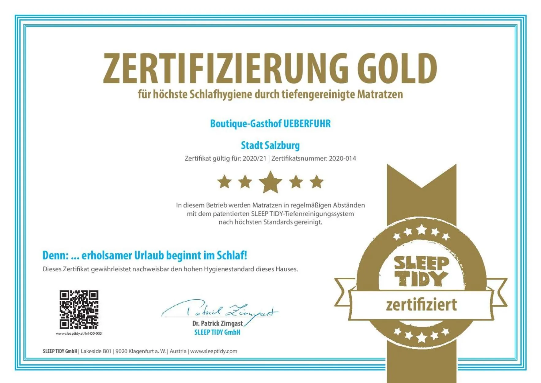 Certificate/Award in Boutique-Gasthof Ueberfuhr