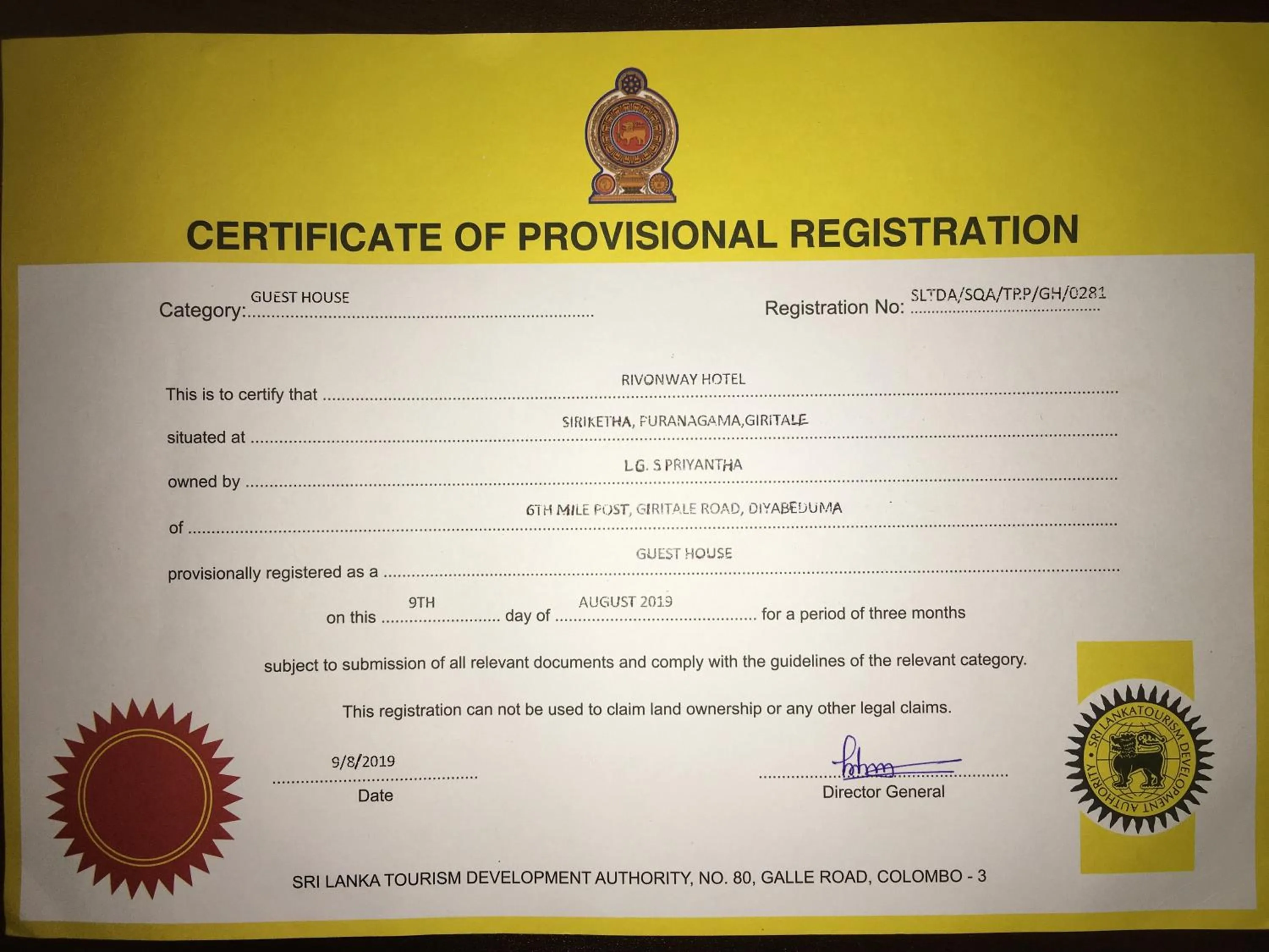 Certificate/Award in Rivonway Hotel Polonnaruwa