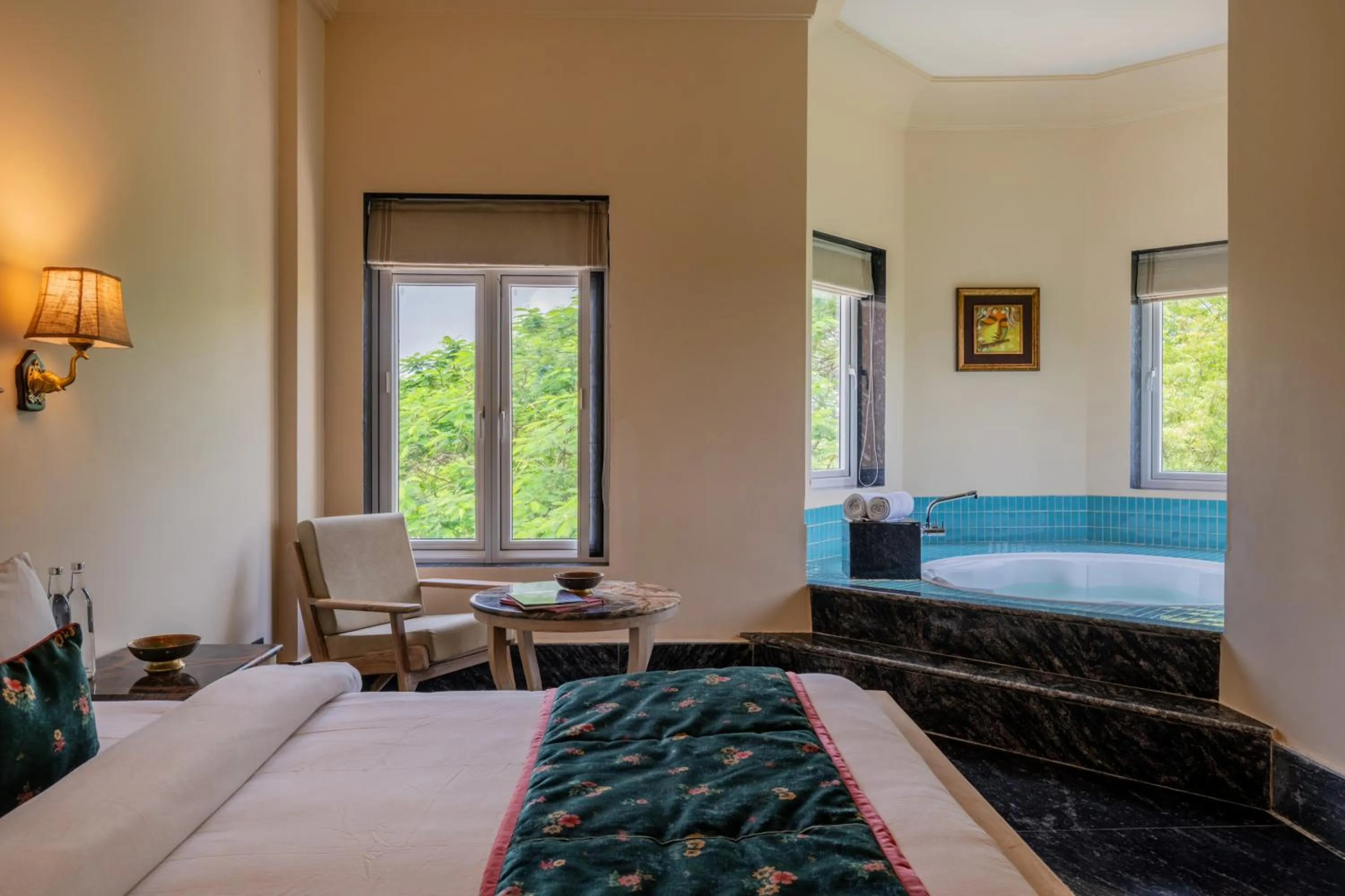 Bed in Umaid Palace - A Lakeside Resort - 25 minutes from Mehandipur Balaji - 20 minutes from Chand Baori Stepwell Abhaneri & 40 minutes from Bhangarh Fort