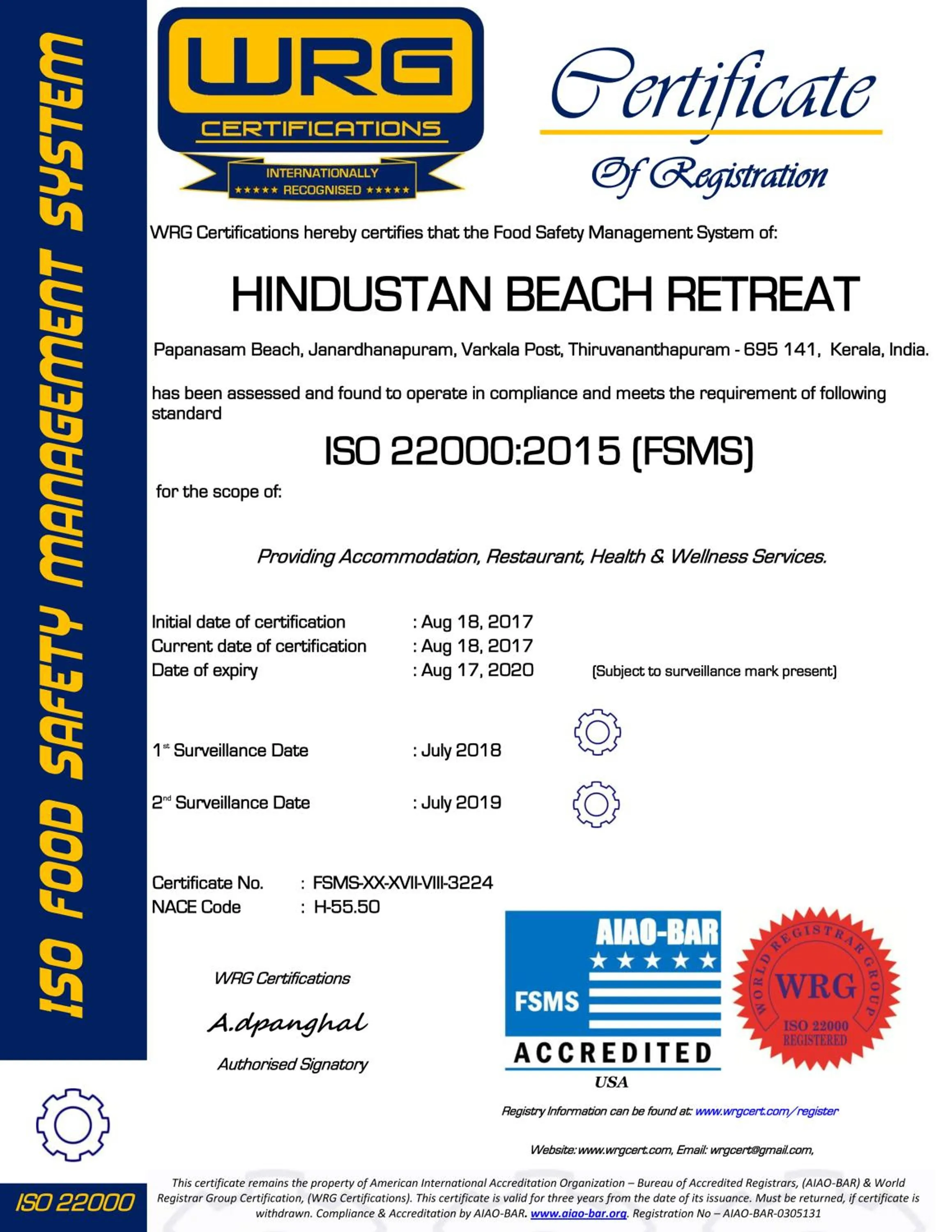 Certificate/Award in Hindustan Beach Retreat