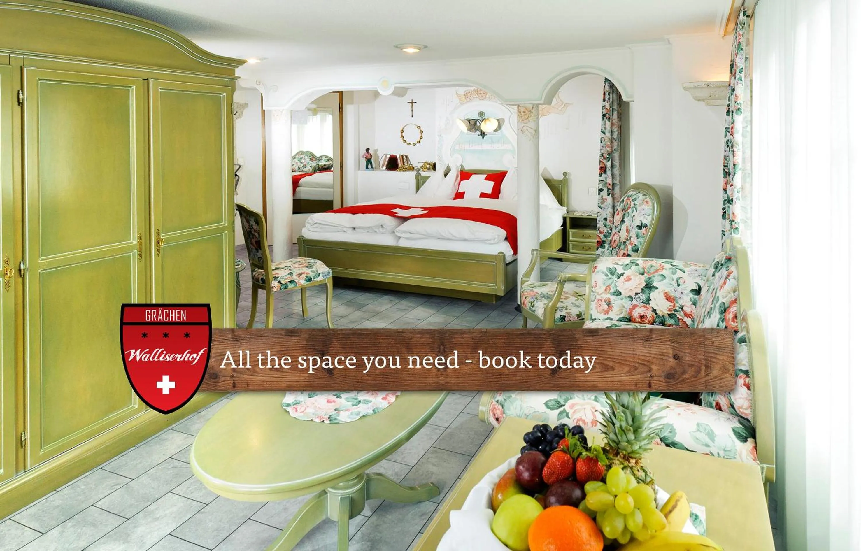 Seating area, Bed in Hotel Walliserhof - The Dom Collection