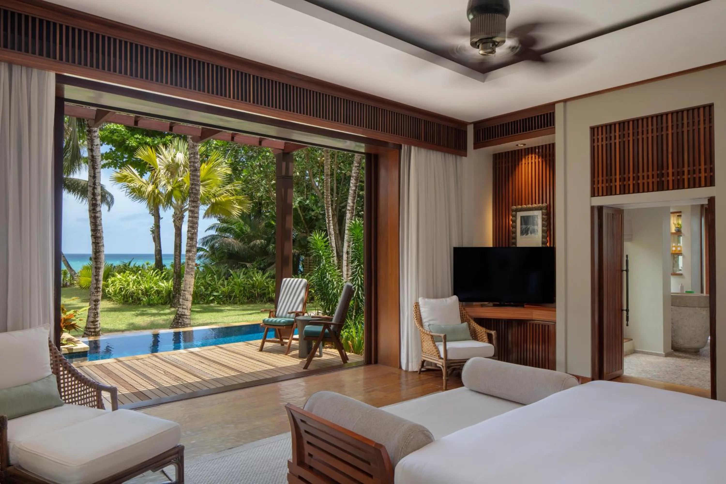 View (from property/room), Bed in Anantara Maia Seychelles Villas