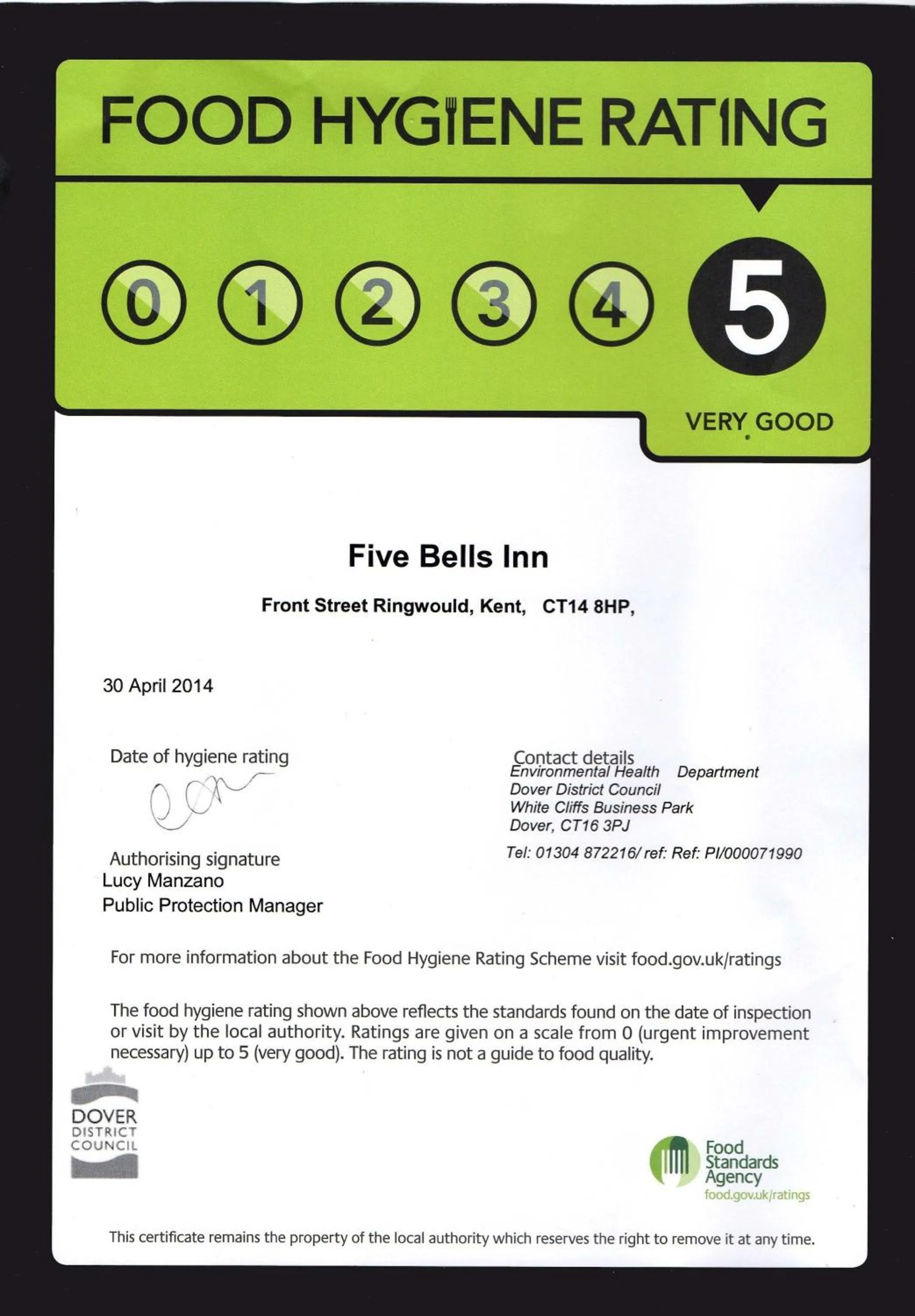 Certificate/Award in The Five Bells