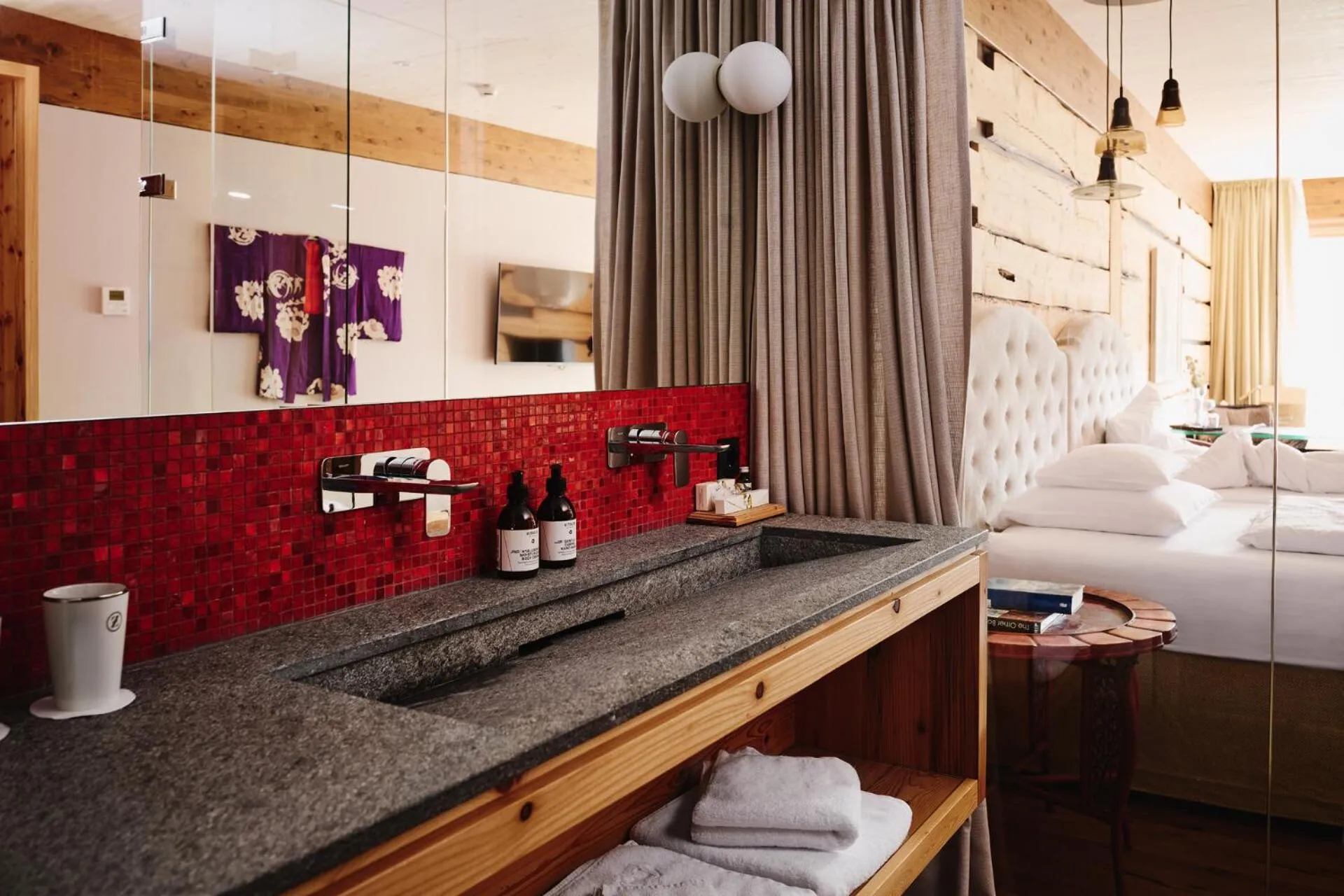 Bathroom, Bed in Small Luxury Hotel of the World - DasPosthotel