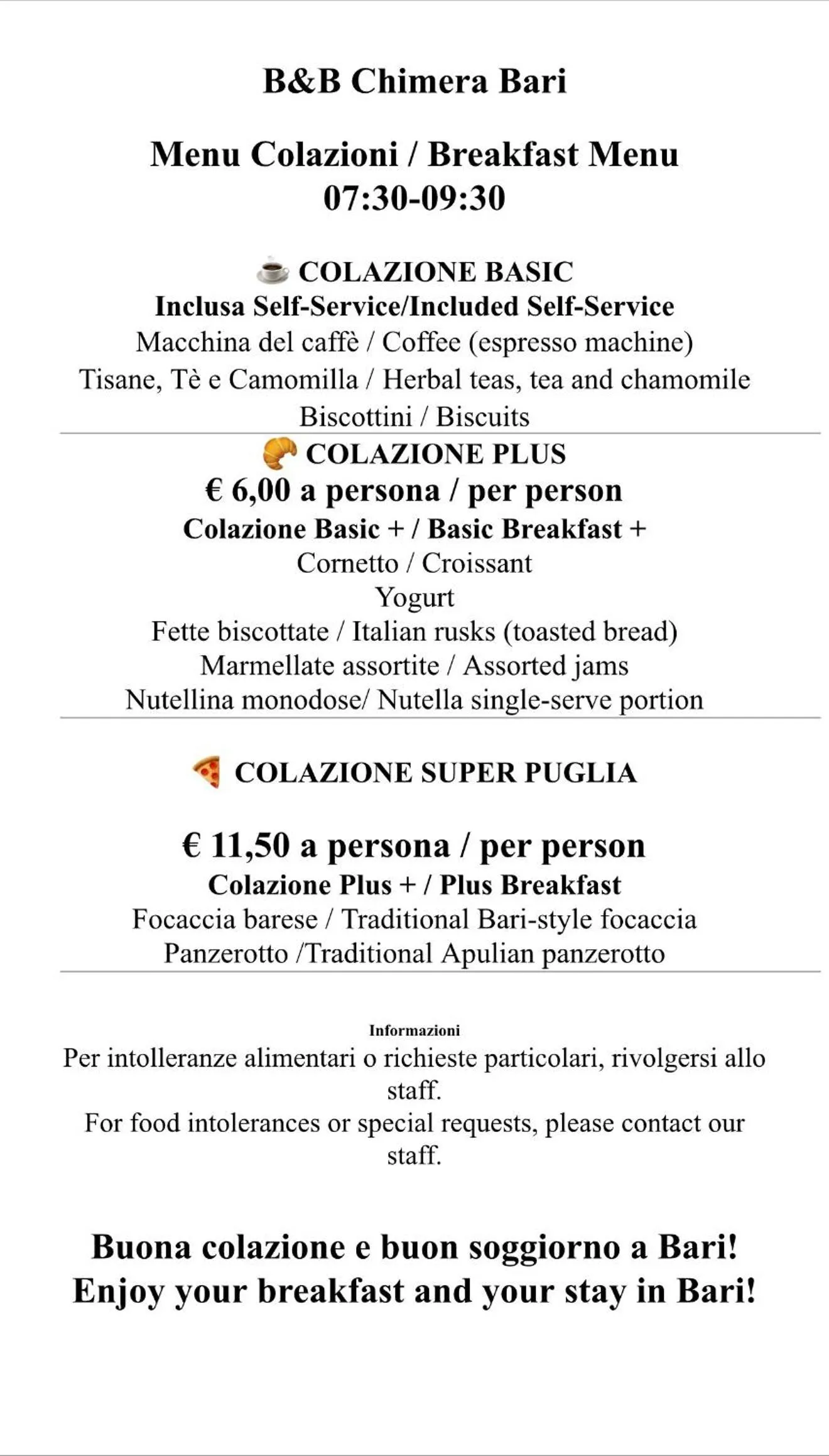 Breakfast in B&B Chimera Bari