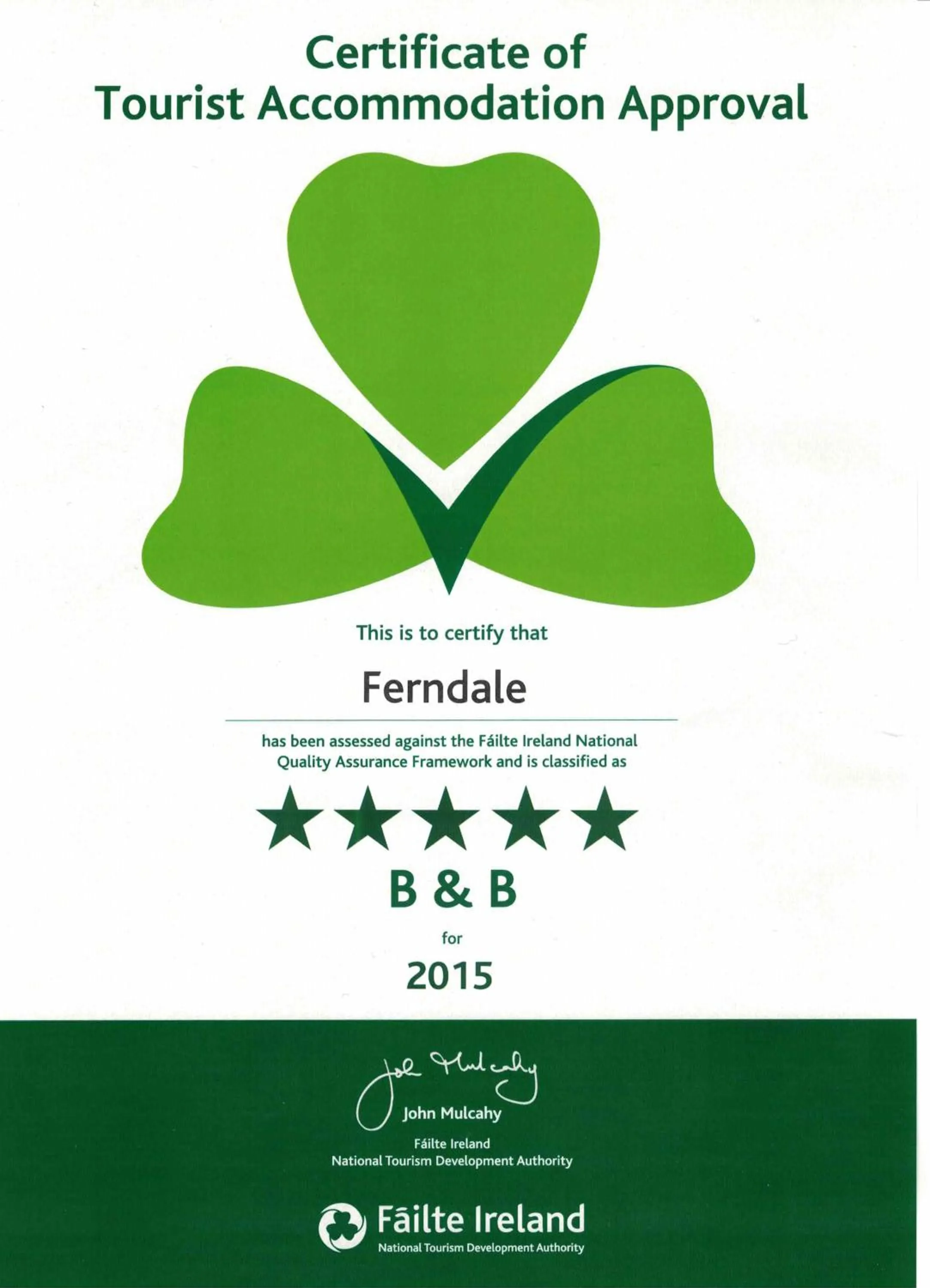 Certificate/Award in Ferndale Luxury Boutique Bed & Breakfast