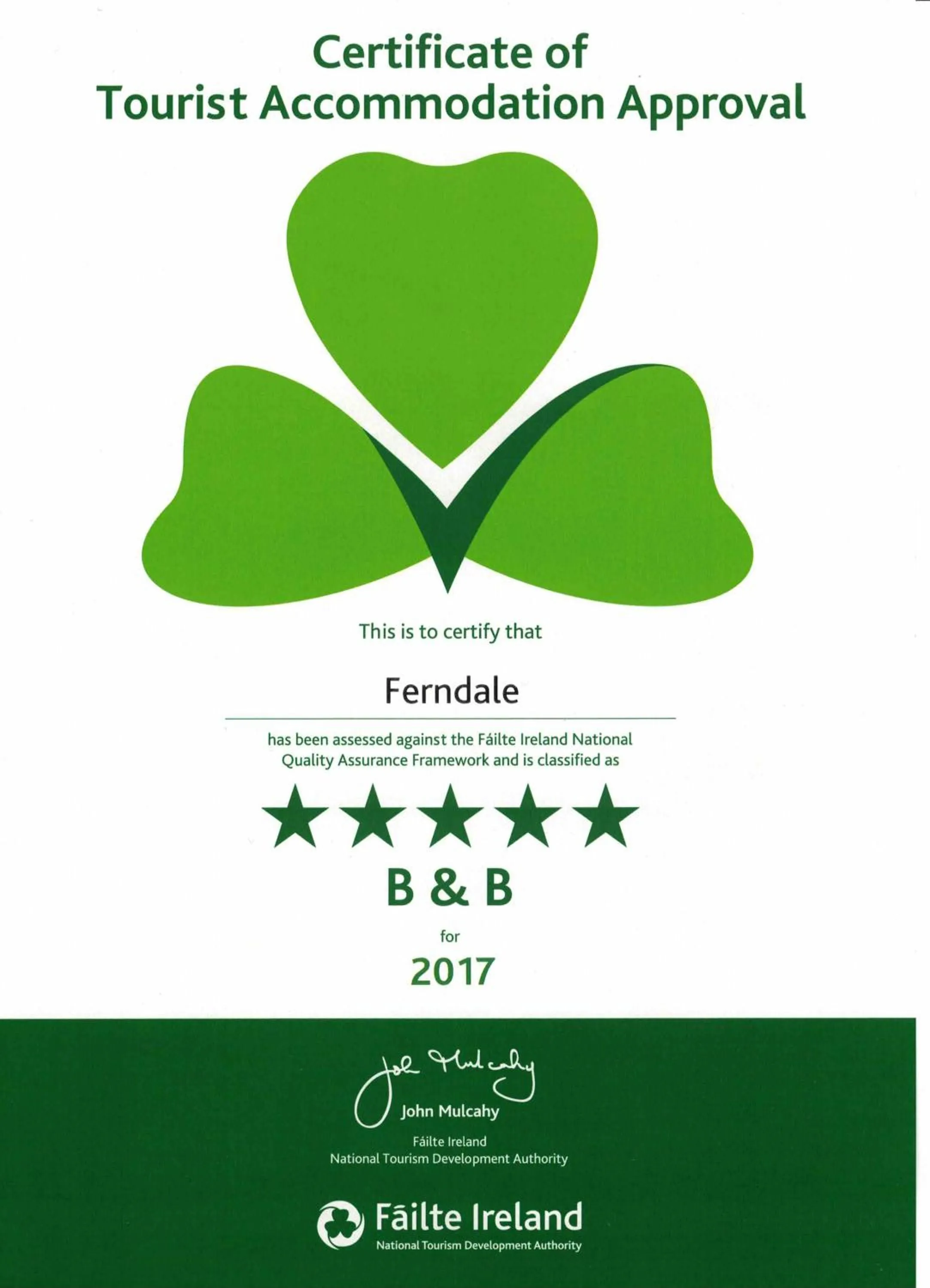 Certificate/Award in Ferndale Luxury Boutique Bed & Breakfast