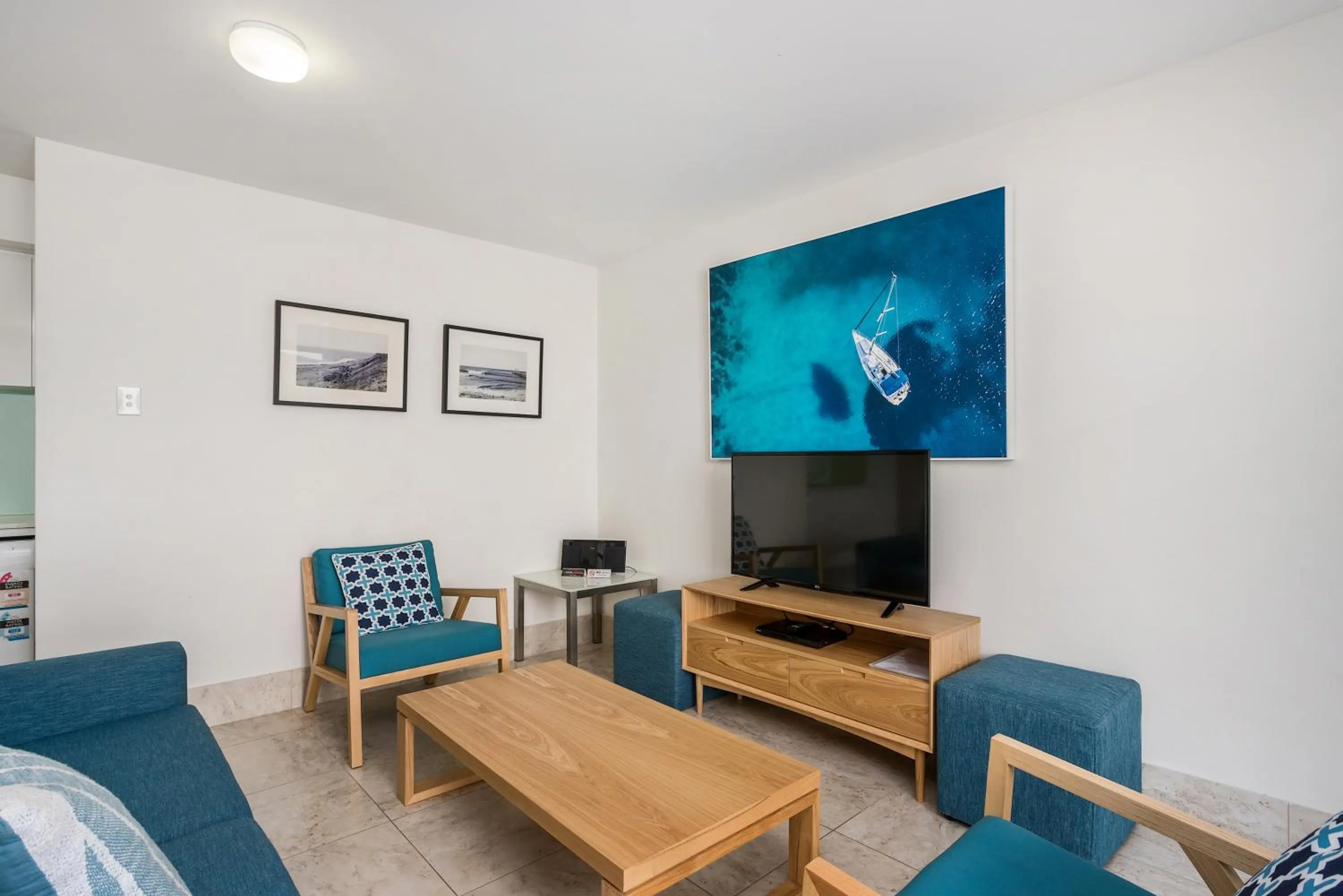 Living room in Bayview Beachfront Apartments, in town right on the beach