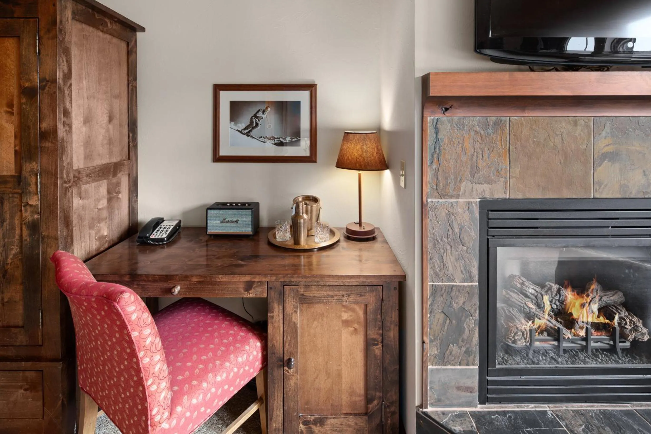 fireplace in Lodge at Whitefish Lake