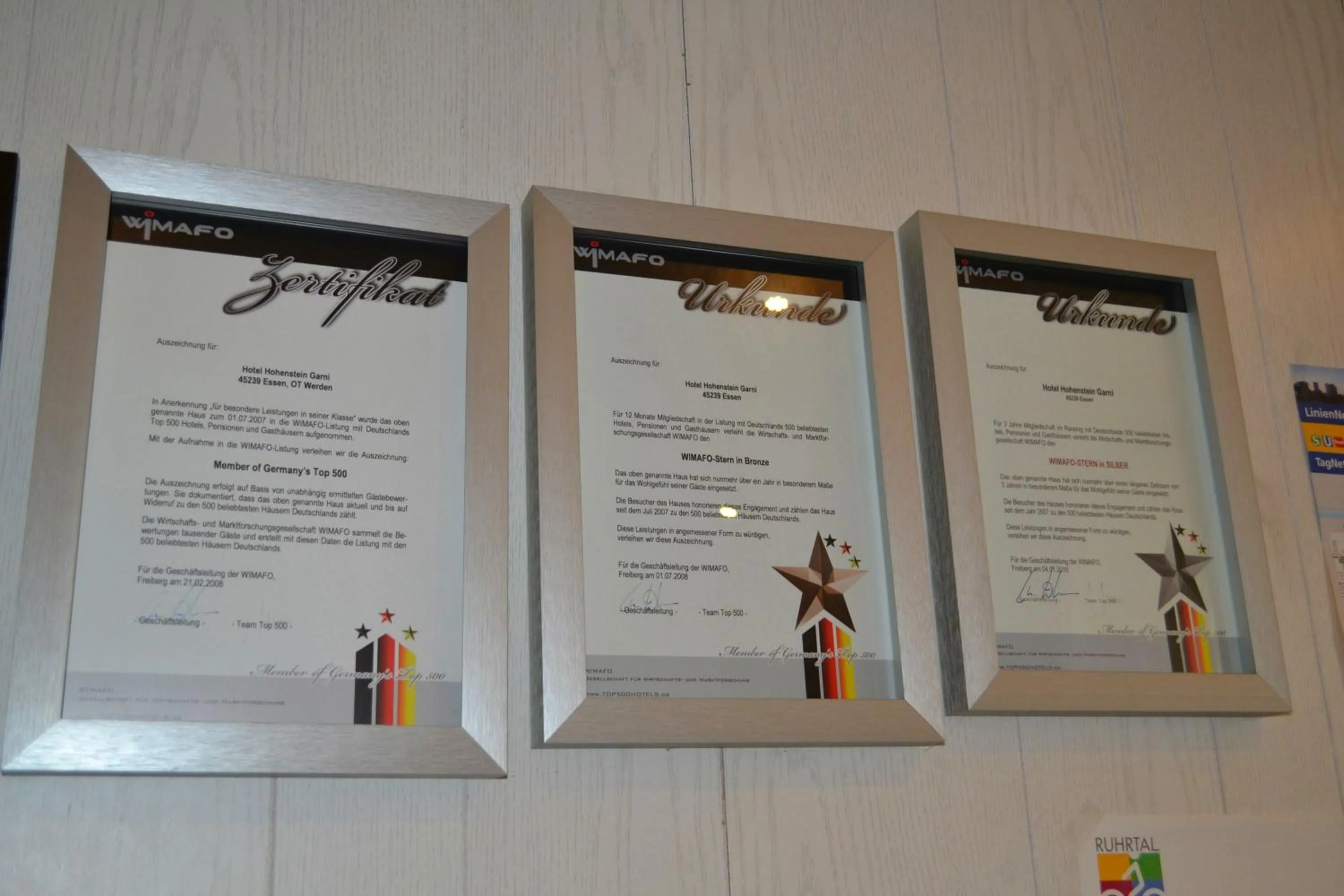 Certificate/Award in Hotel Hohenstein -Radweg-Messe-Baldeneysee