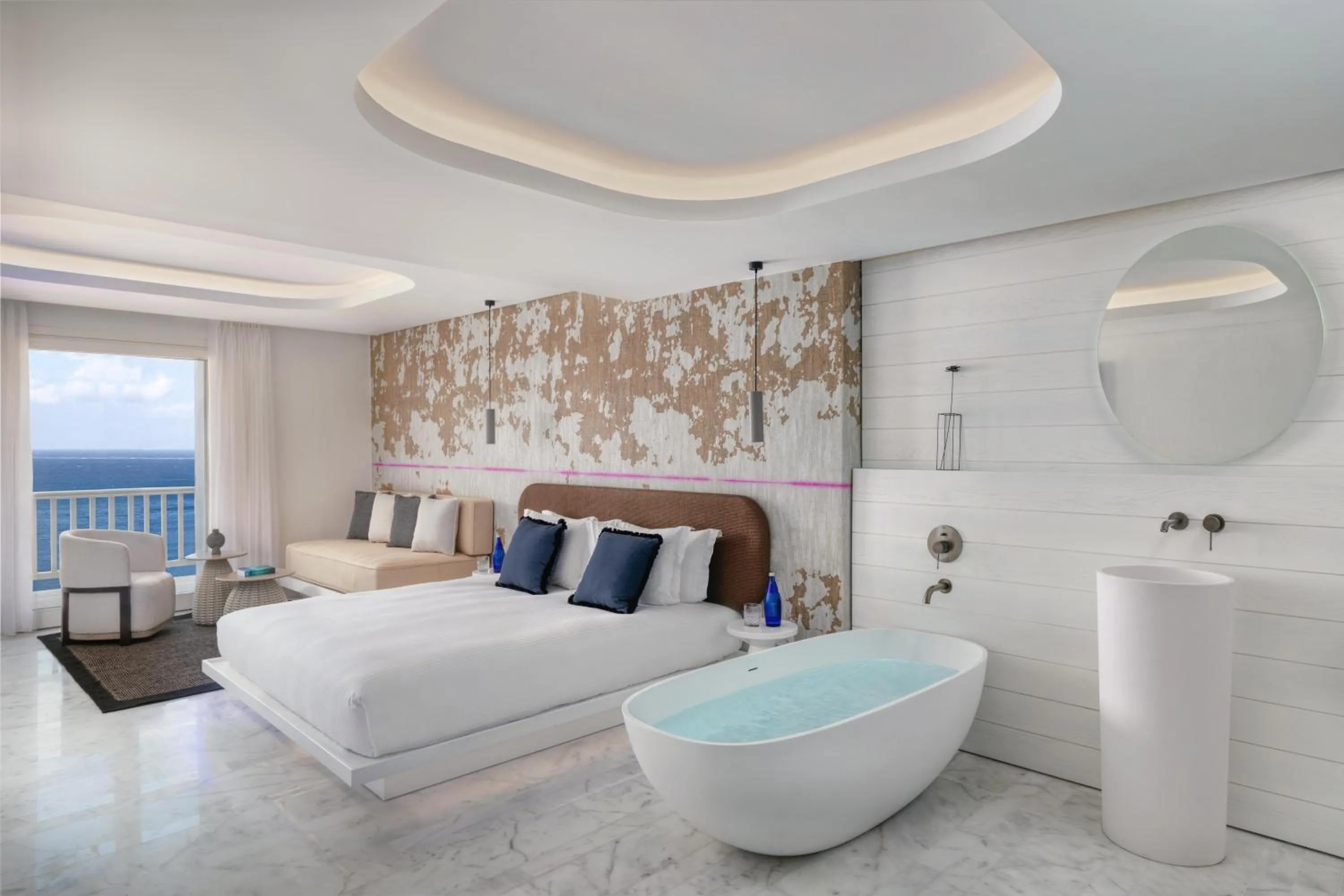 Bathroom, Bed in Mykonos Riviera Hotel & Spa, a member of Small Luxury Hotels of the World