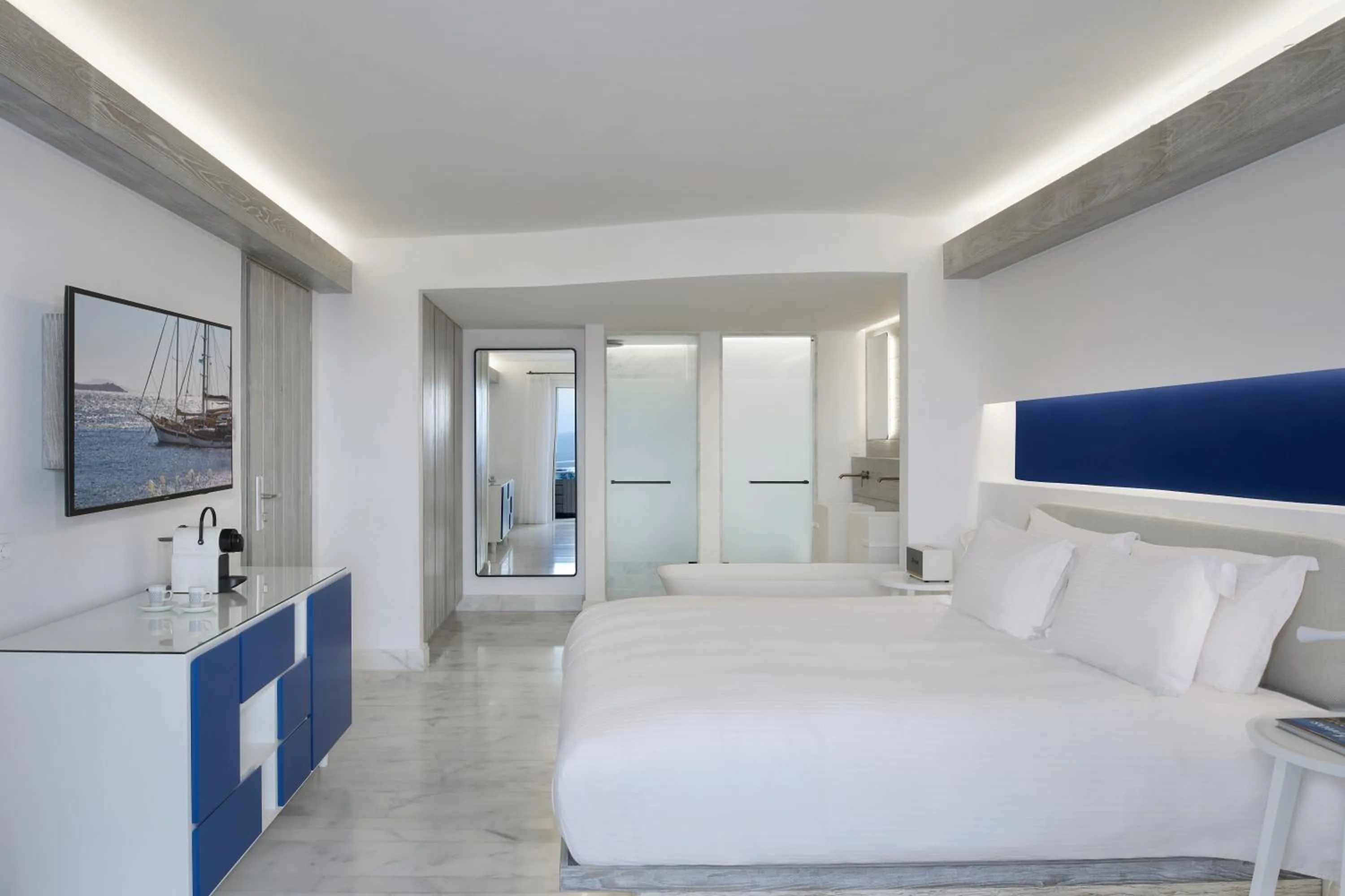 Bed in Mykonos Riviera Hotel & Spa, a member of Small Luxury Hotels of the World