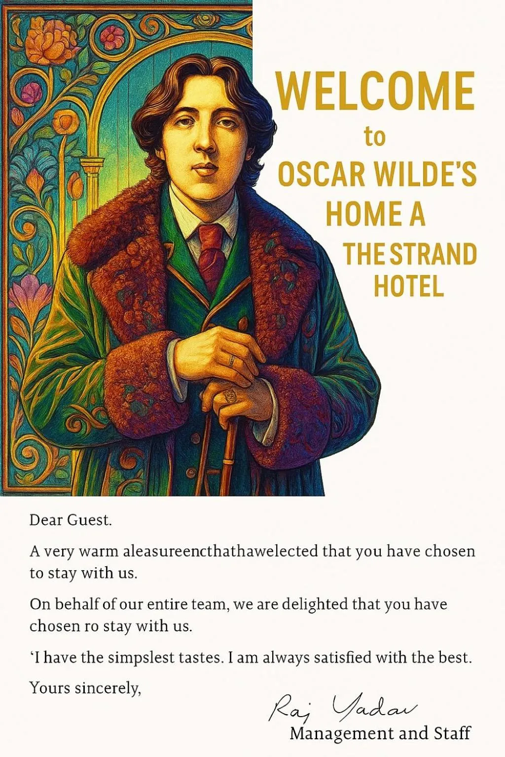 Text overlay in The Strand Hotel, the former residence of Oscar Wilde