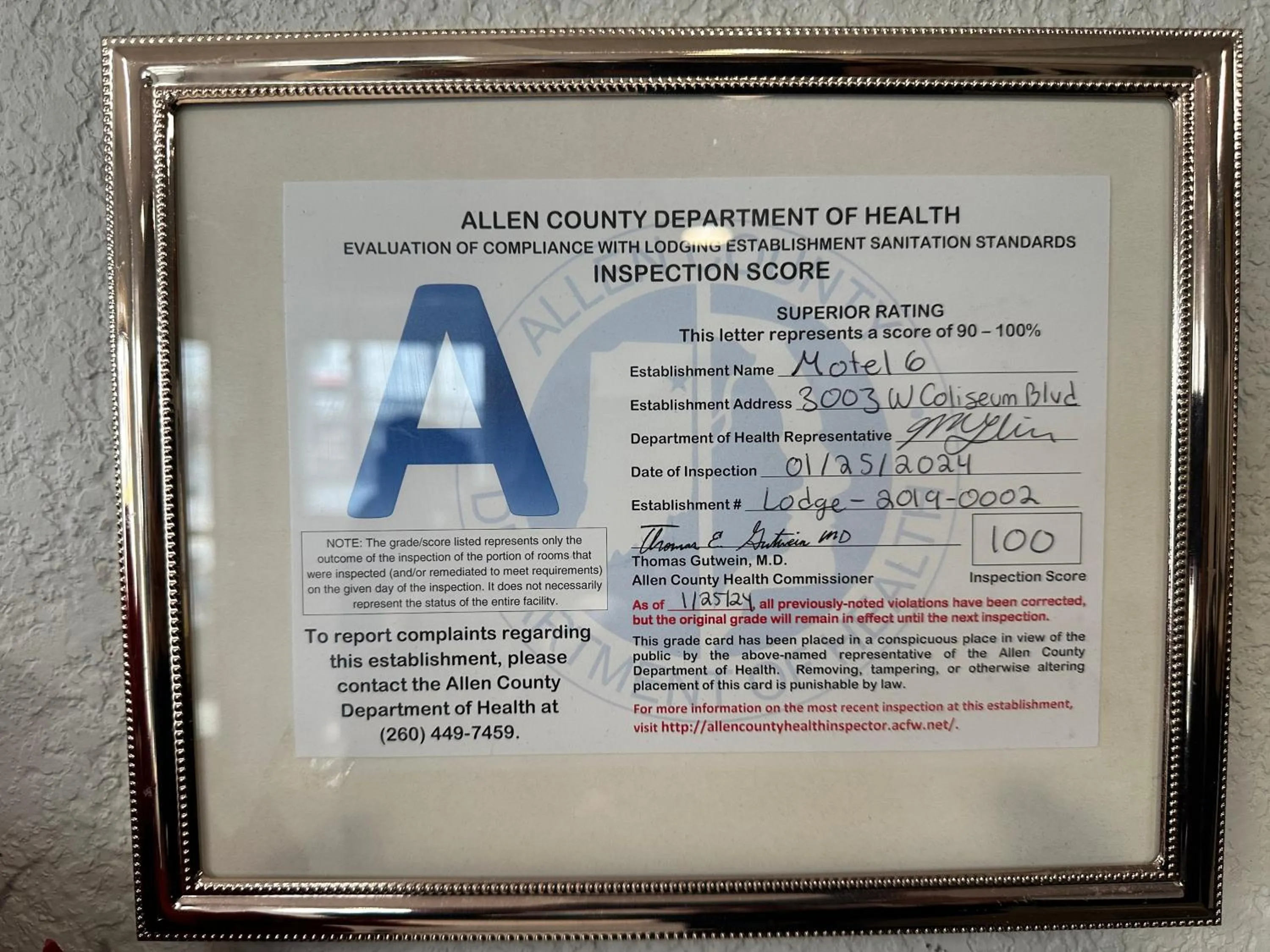 Certificate/Award in Motel 6-Fort Wayne, IN