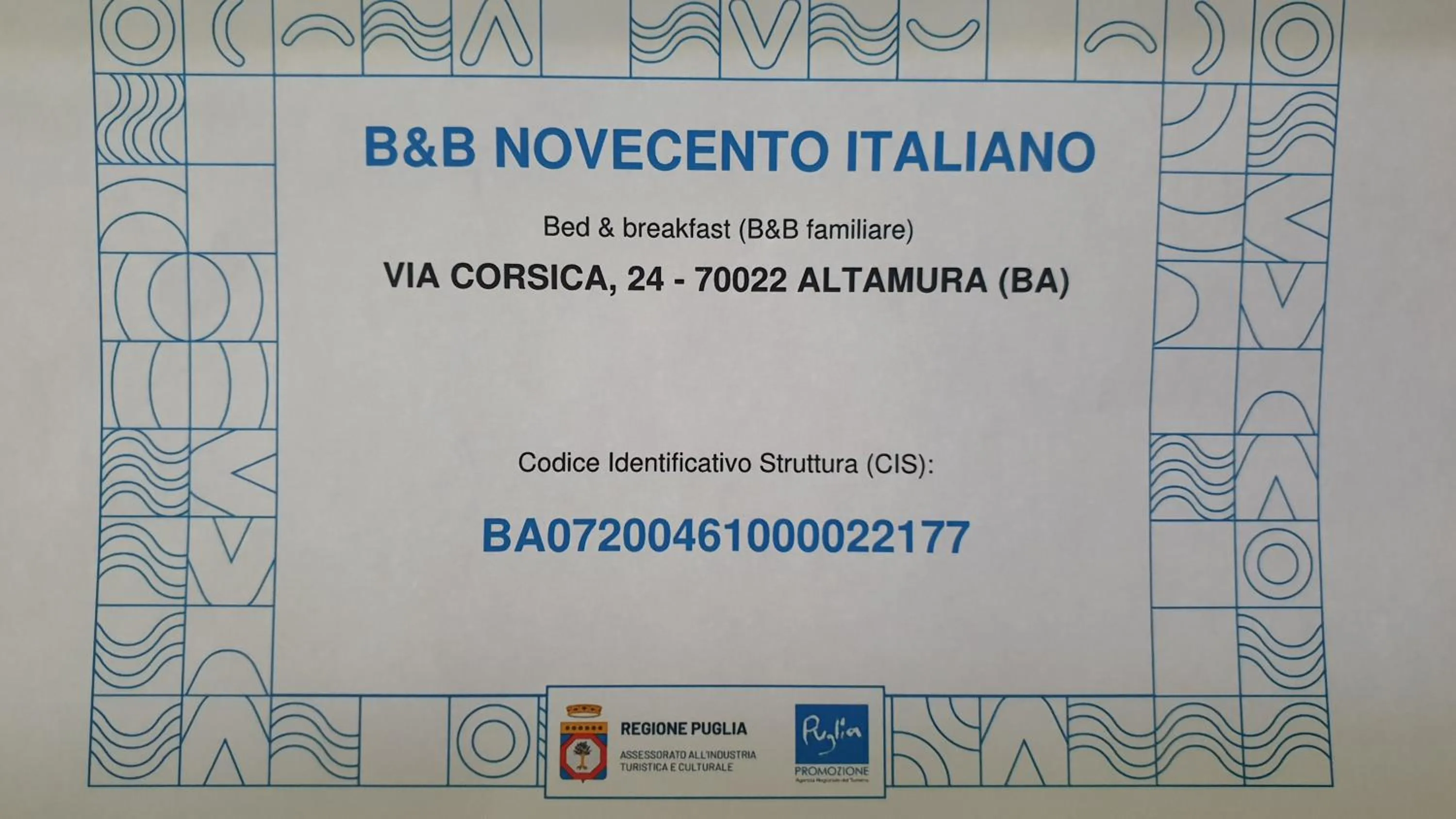 Certificate/Award in B&B Novecento Italiano