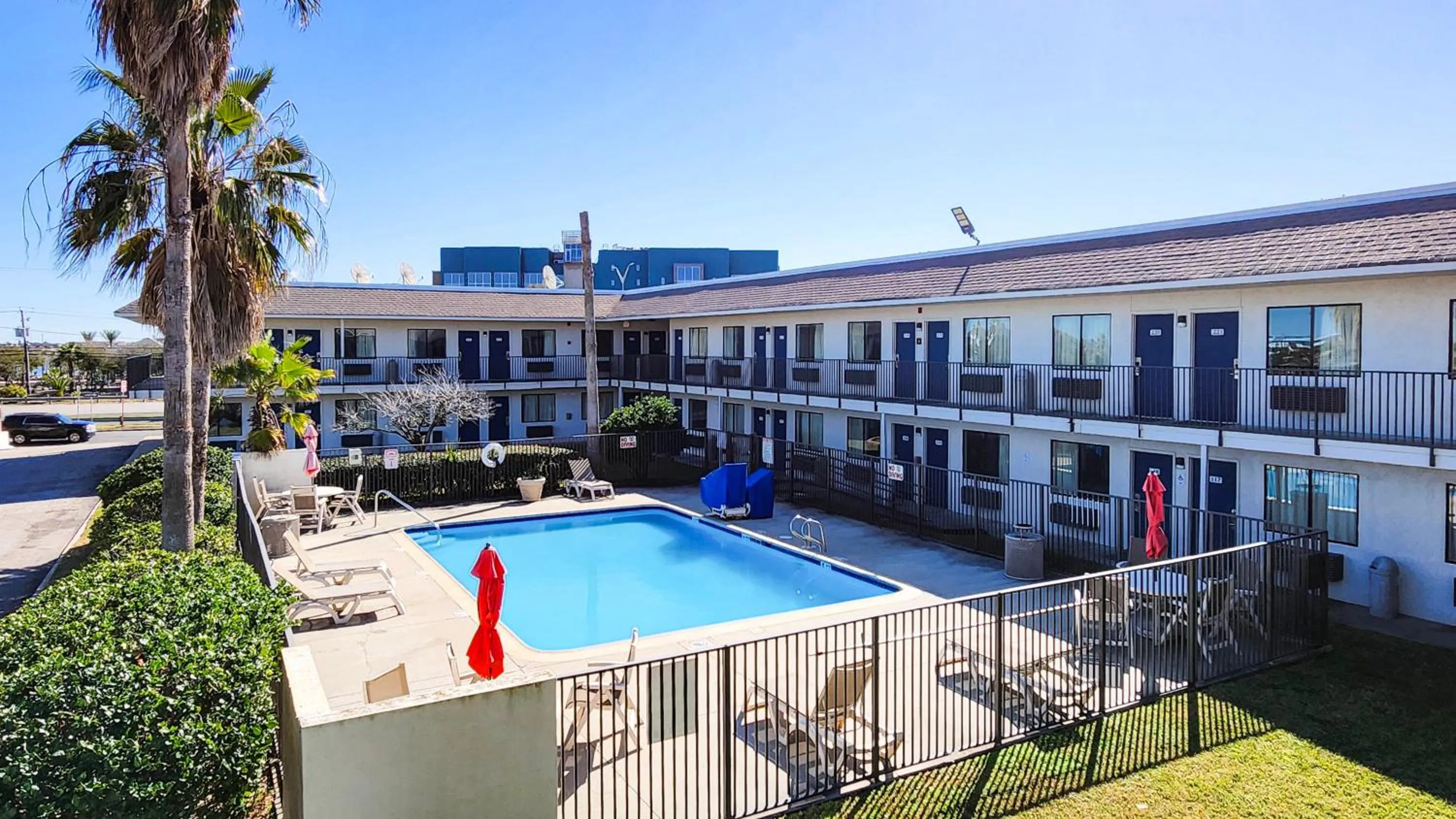 Pool view in Motel 6-Galveston, TX