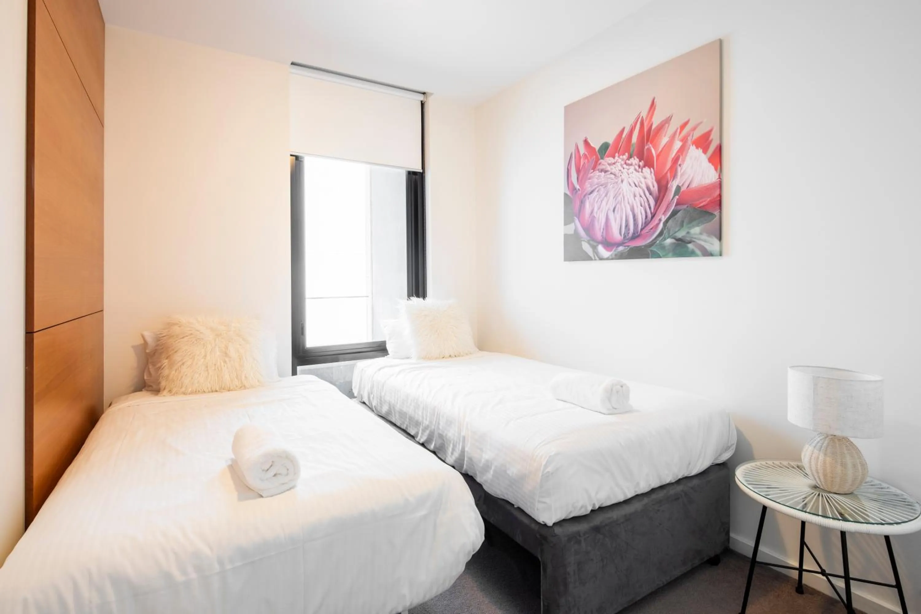 Bedroom, Bed in Waterfront Melbourne Apartments