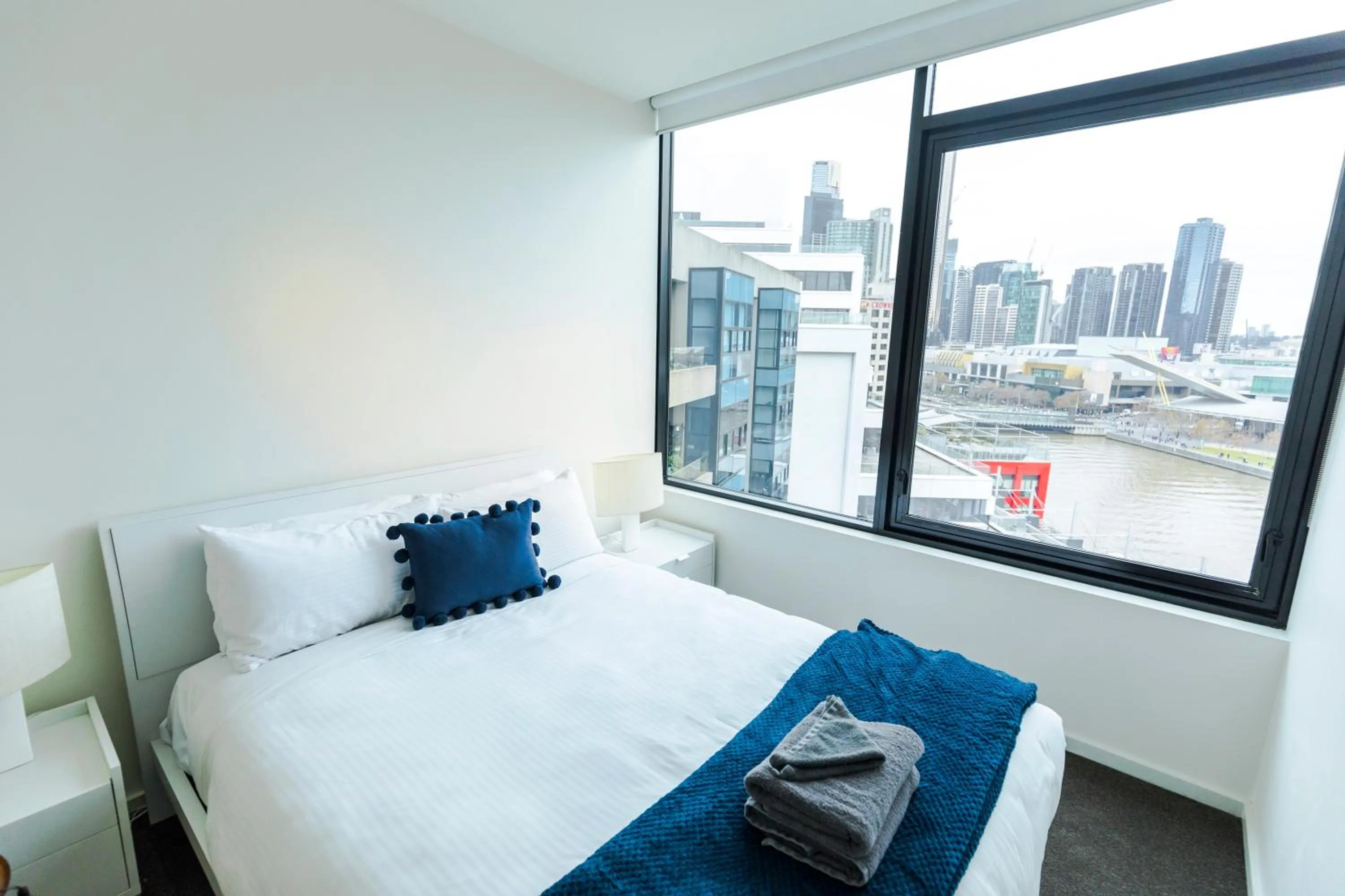 Bedroom, Bed in Waterfront Melbourne Apartments