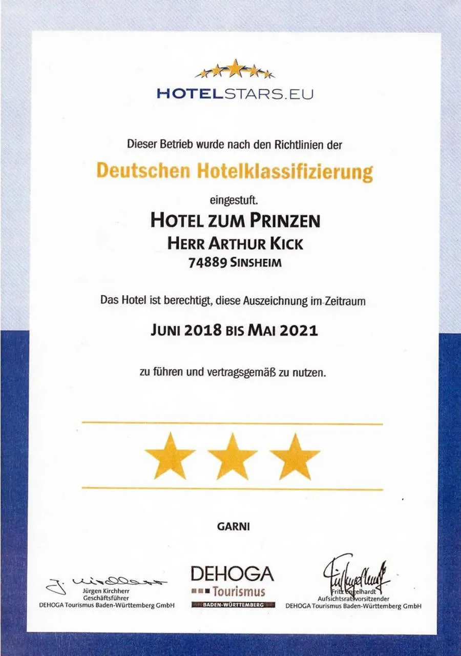 Certificate/Award in Hotel Zum Prinzen Sinsheim