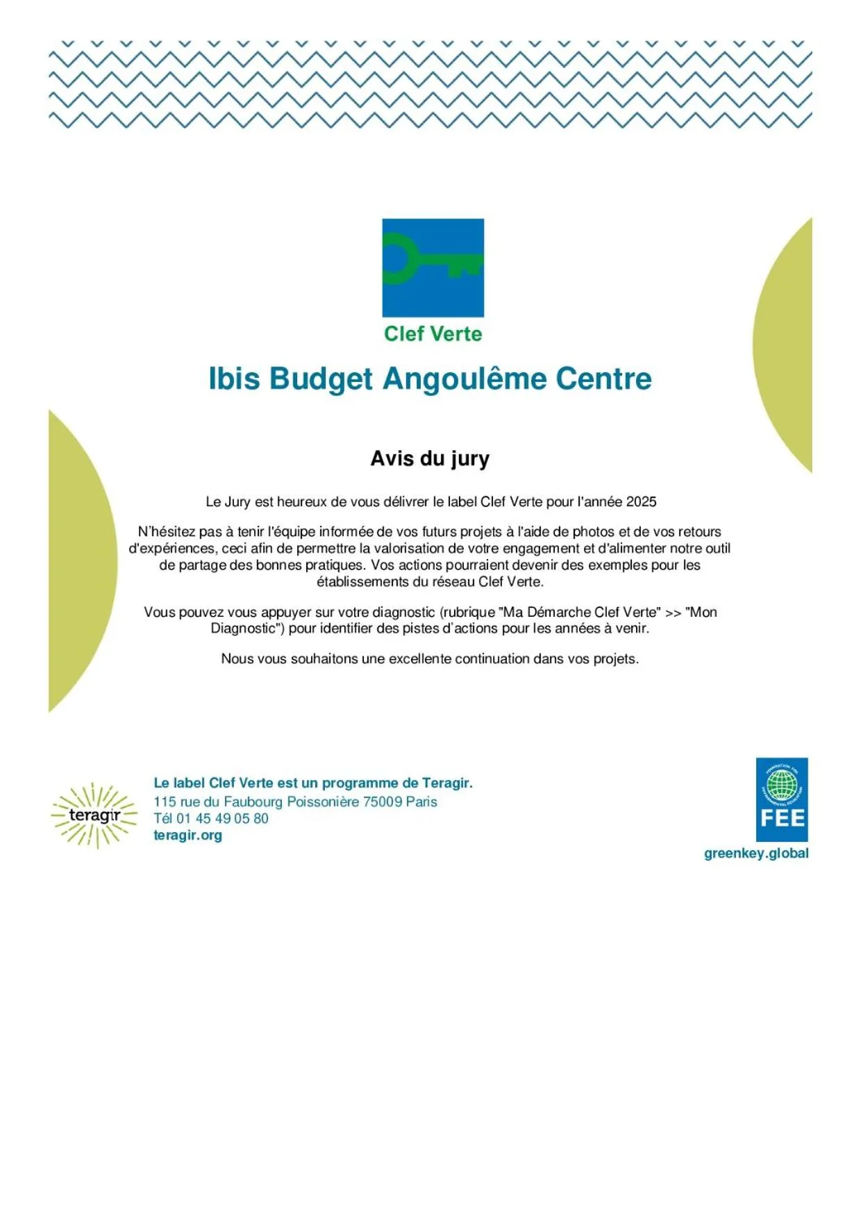 Certificate/Award in ibis budget Angoulême Centre