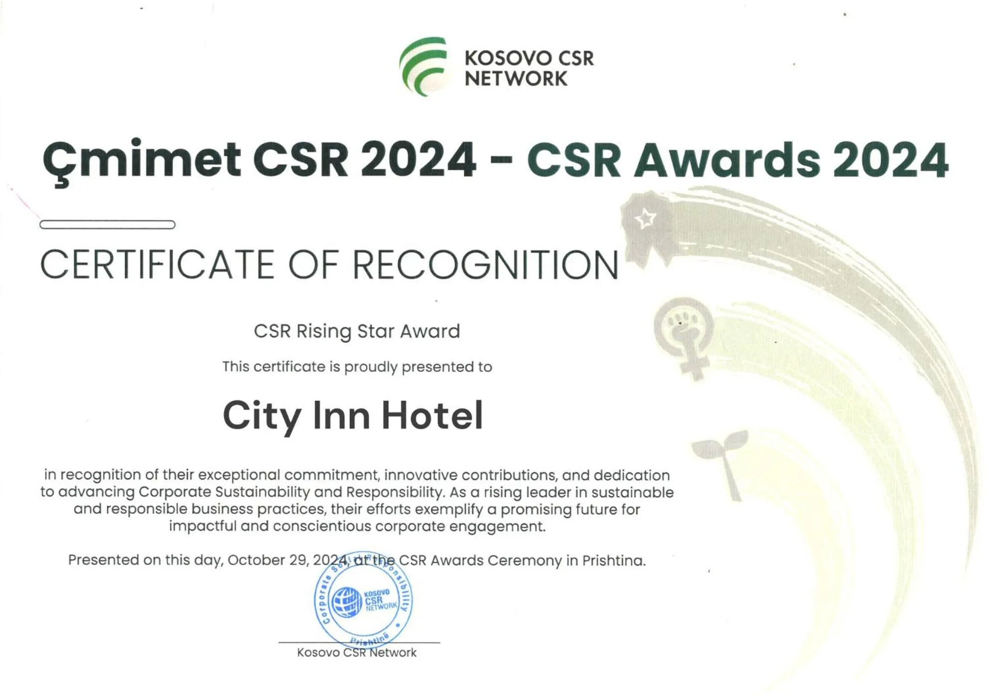 Certificate/Award in City Inn