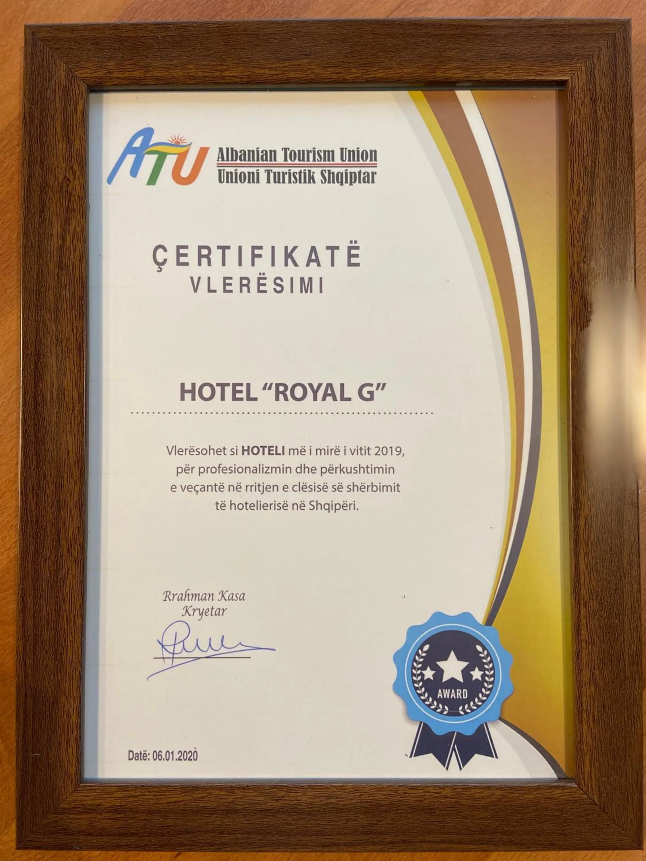 Certificate/Award in Royal G Hotel & SPA 4 Star