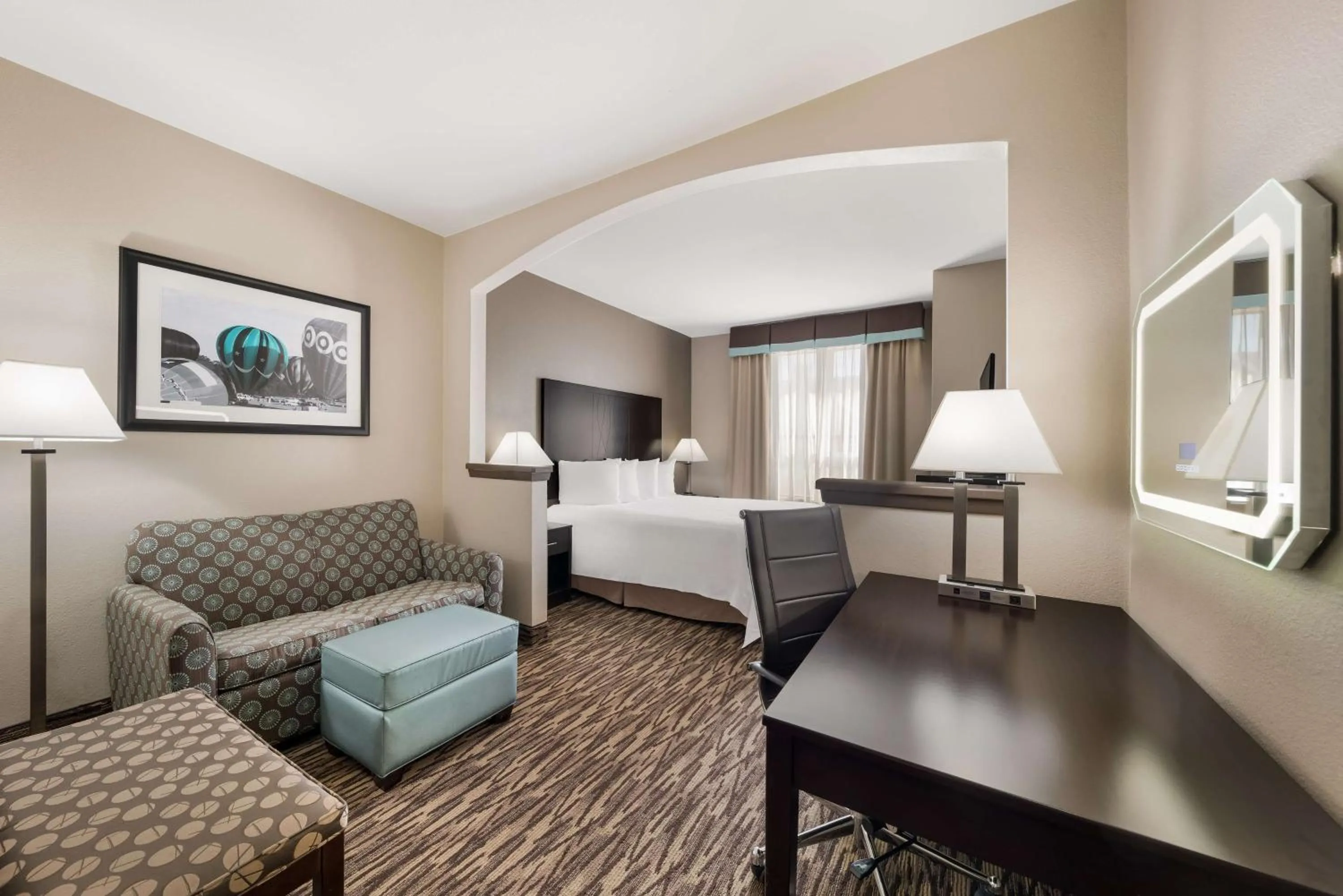 Seating area, Bed in SureStay Plus Hotel by Best Western Plano