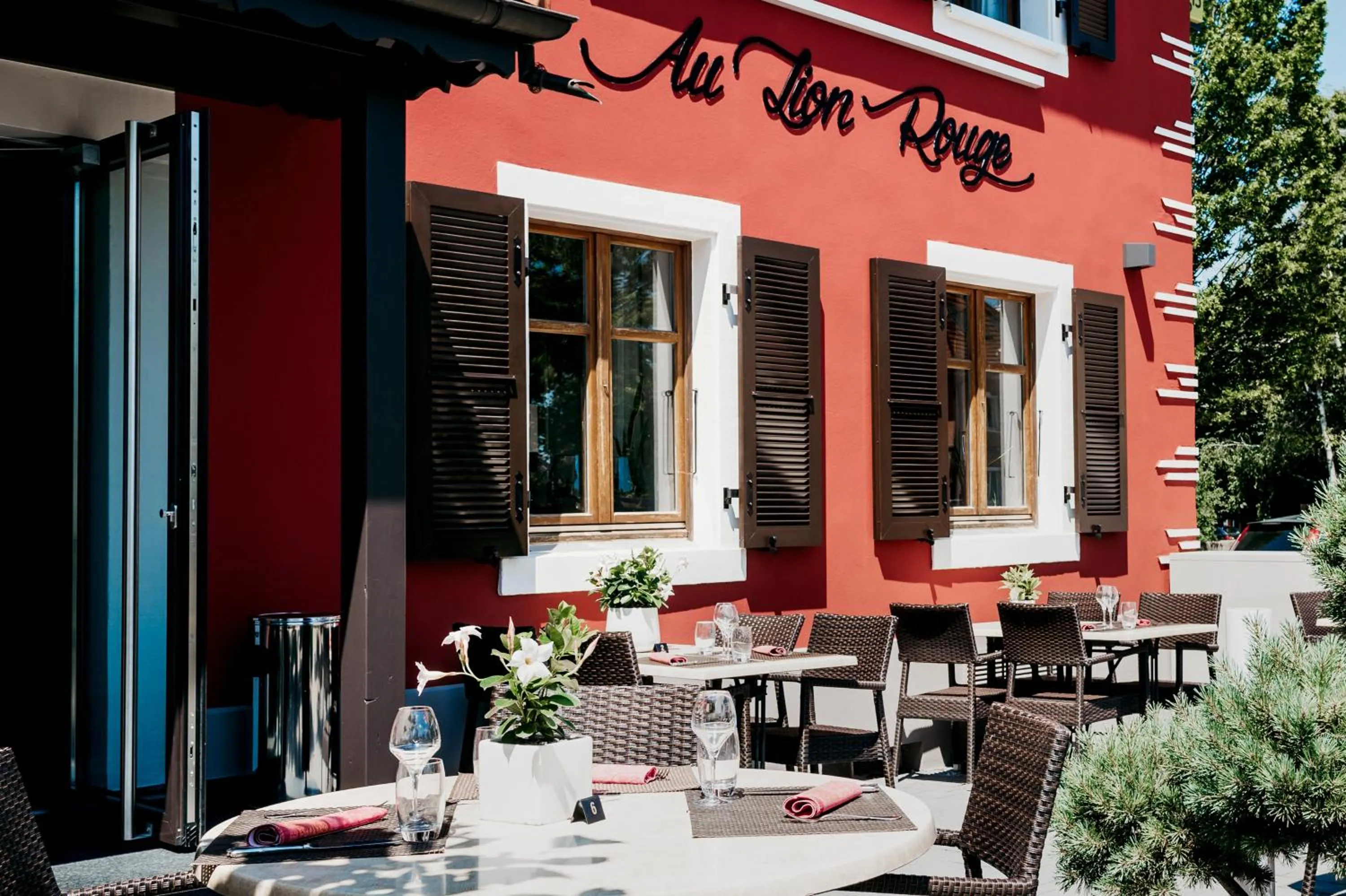 Patio in Logis Hôtel Restaurant Au Lion Rouge