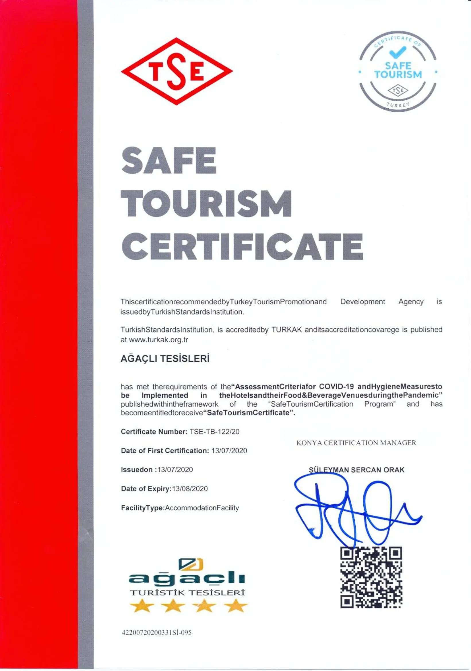 Certificate/Award in Agacli Hotel