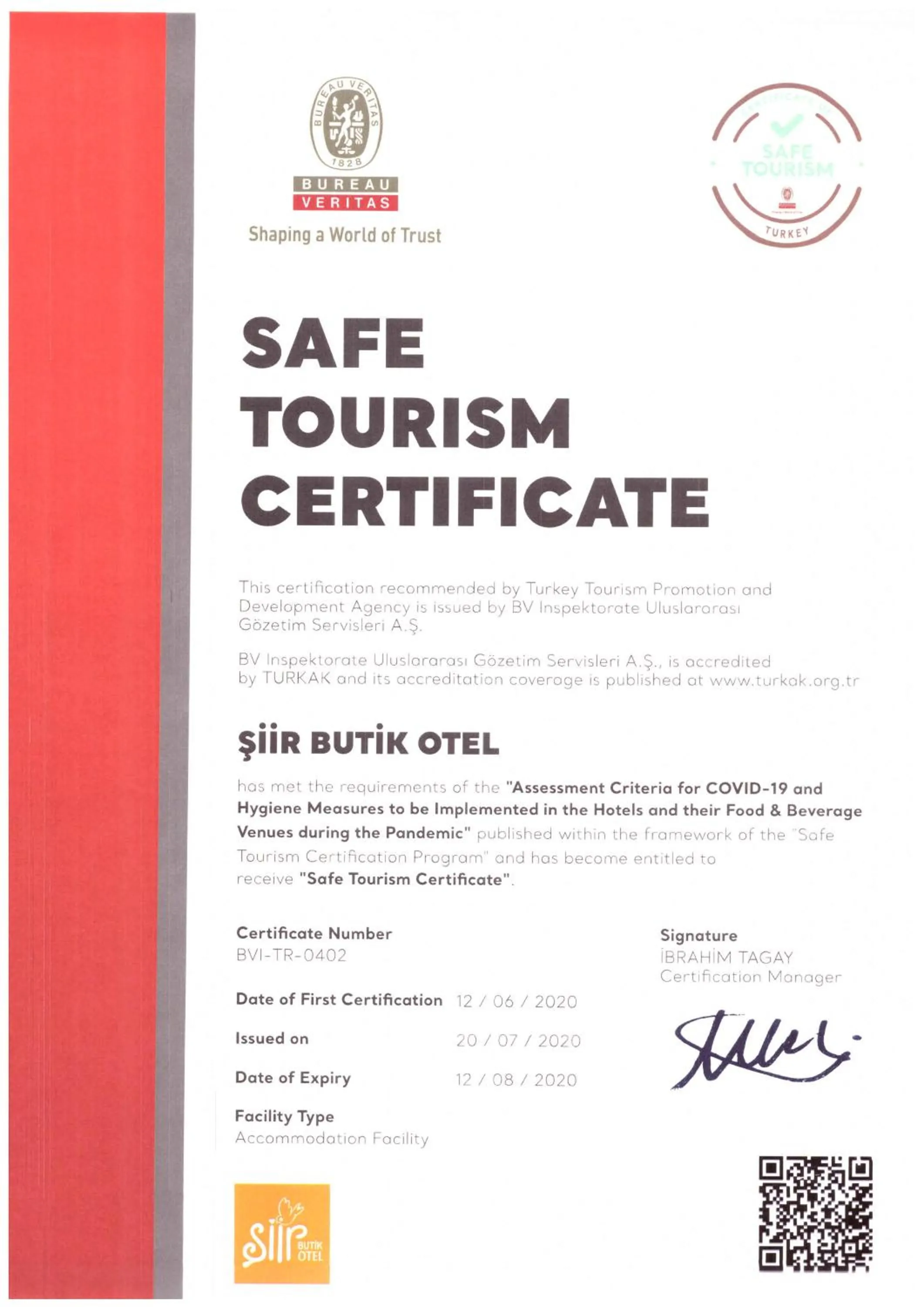 Certificate/Award in Siir Boutique Hotel
