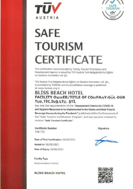 Certificate/Award in B&B Yuzbasi Beach