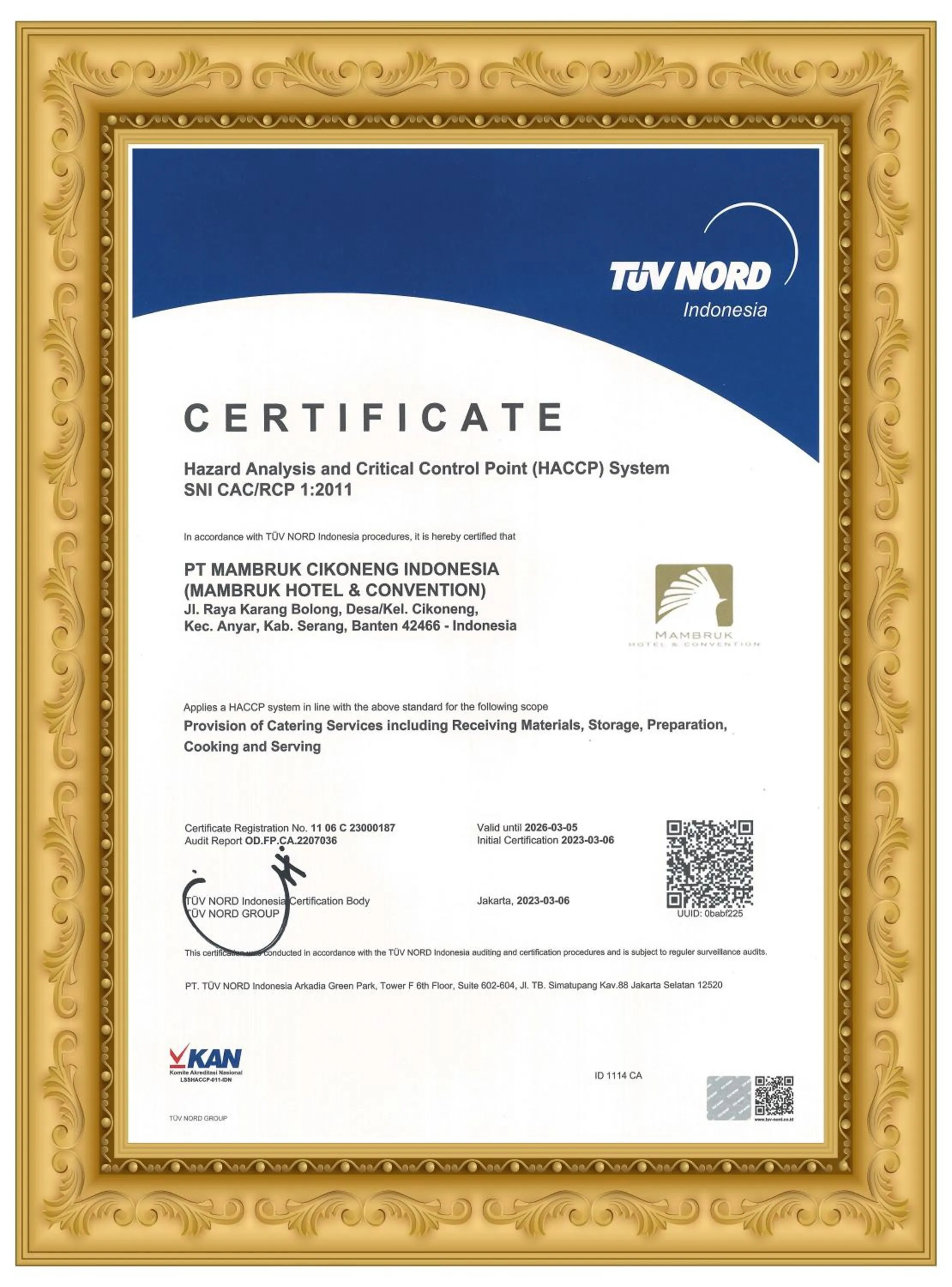 Certificate/Award in Mambruk Hotel & Convention