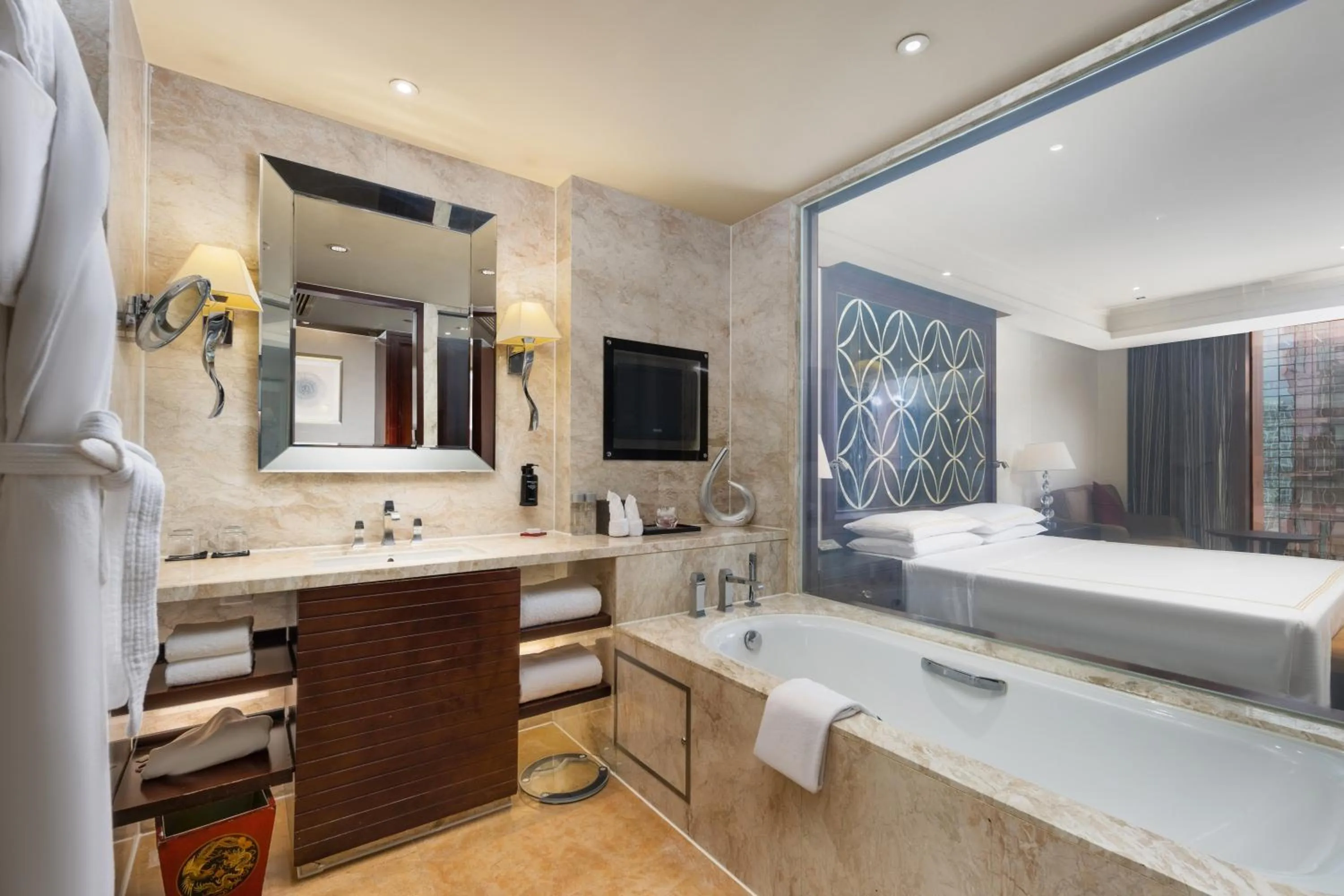 Bath, Bed in Fairmont Beijing