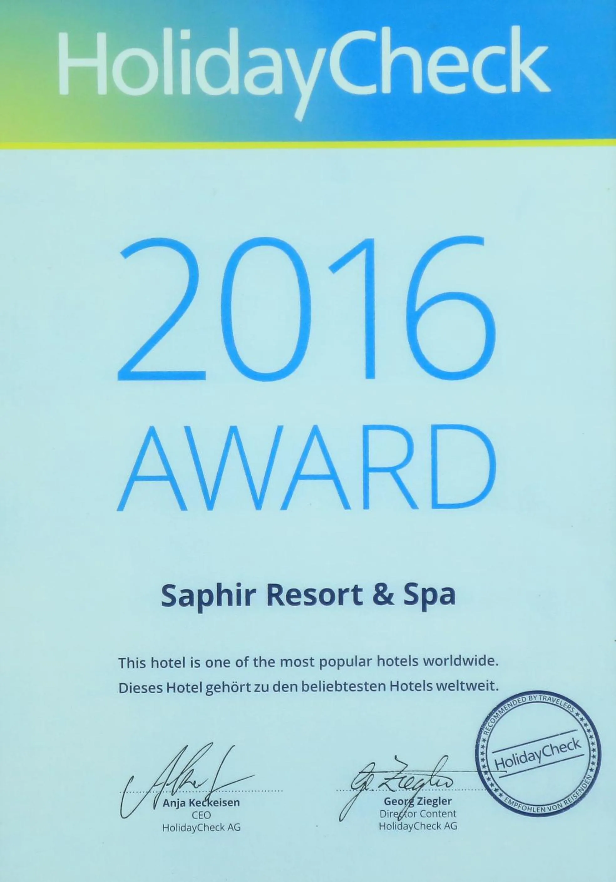 Certificate/Award in Saphir Resort & Spa