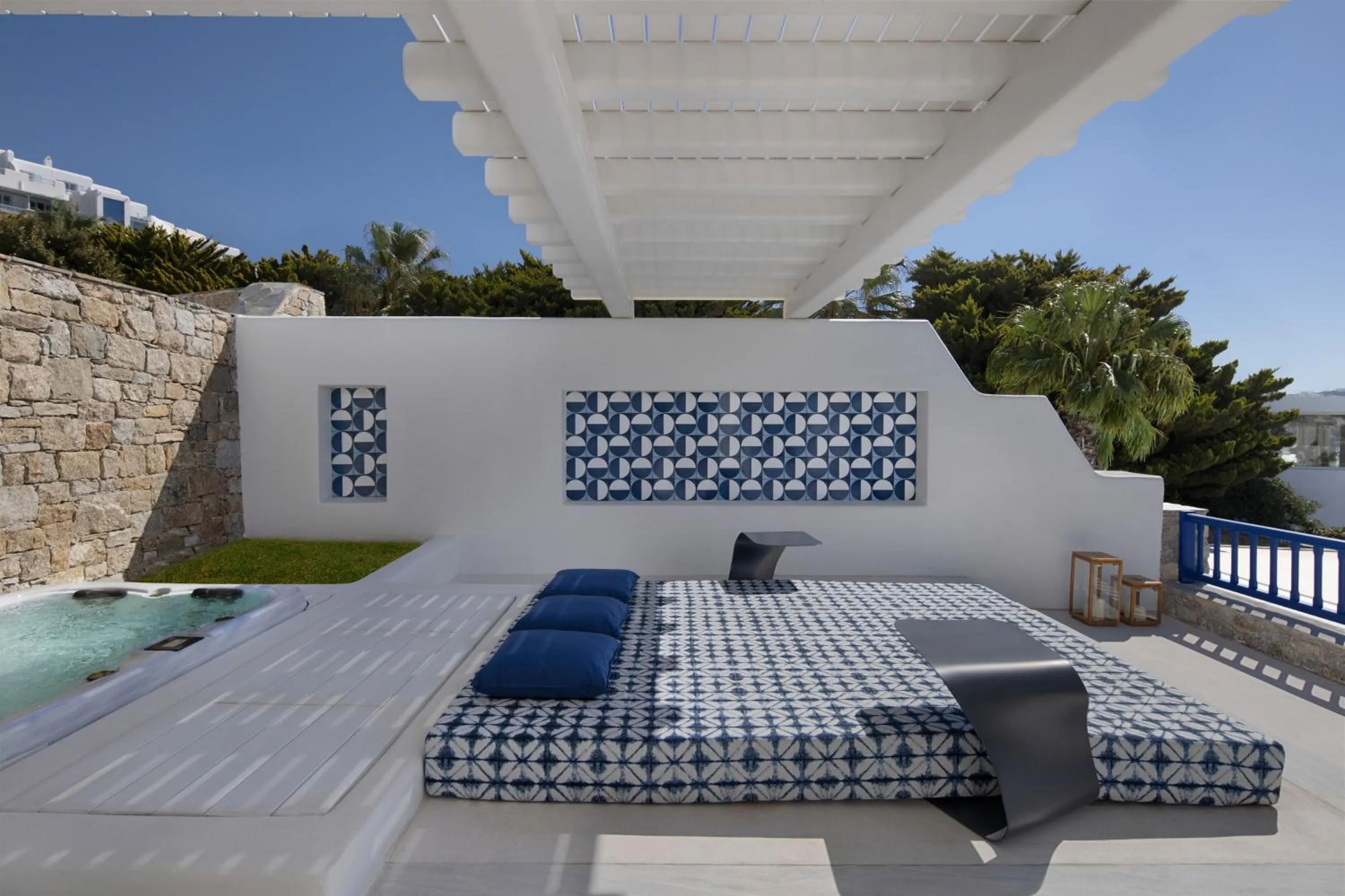 Patio, Bed in Mykonos Grand Hotel & Resort