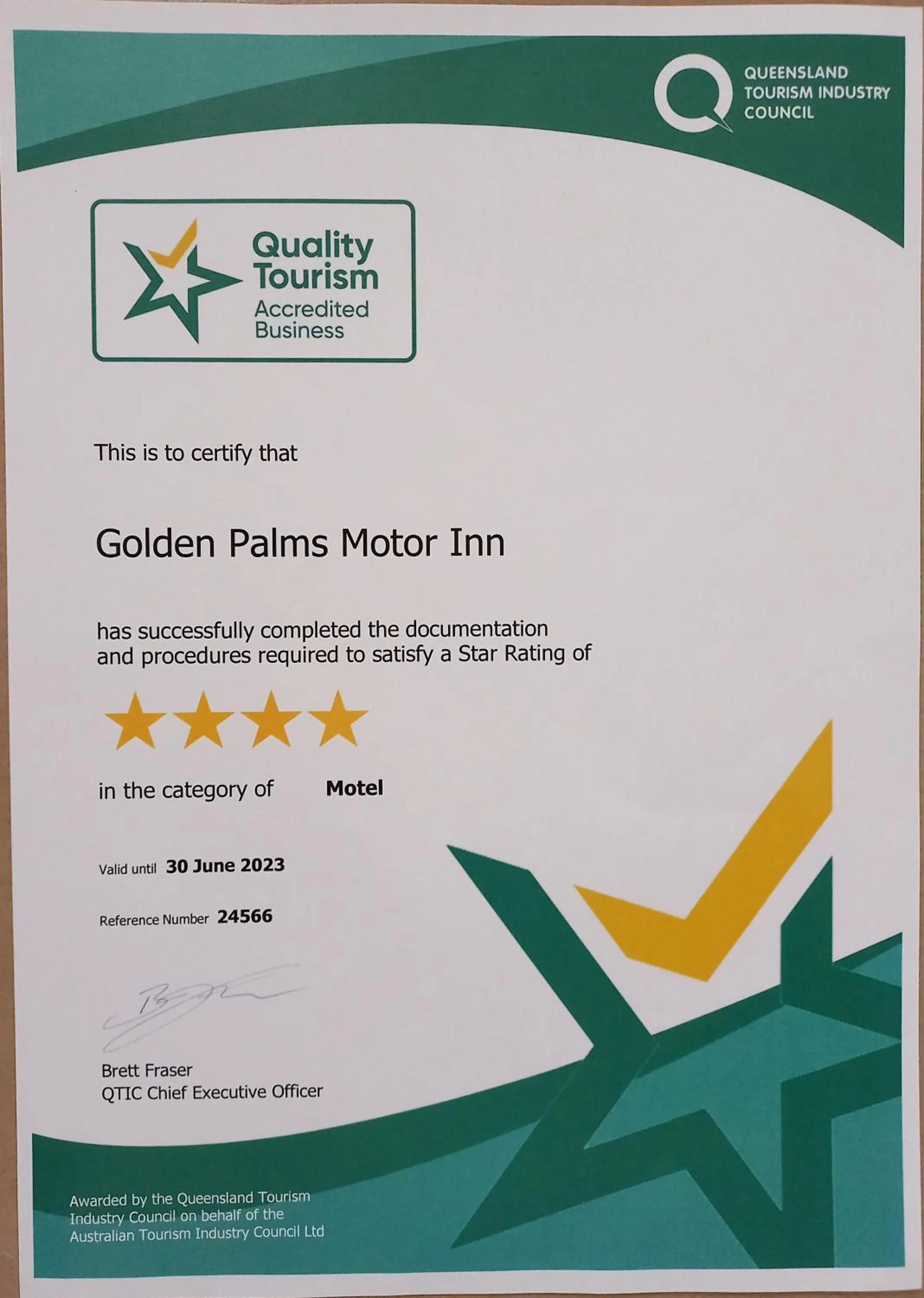 Certificate/Award in Golden Palms Motor Inn