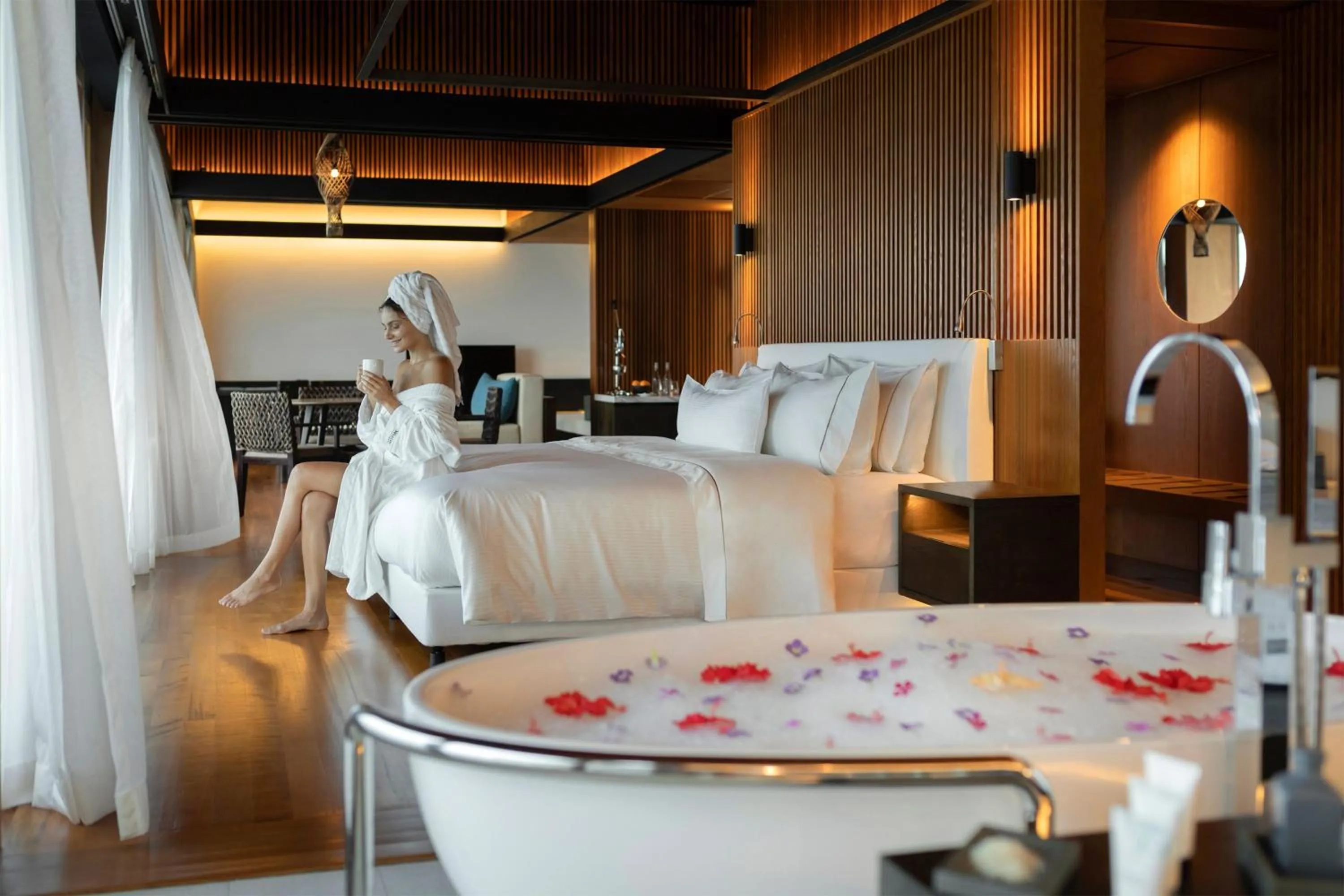 Bathroom, Bed in The Westin Maldives Miriandhoo Resort