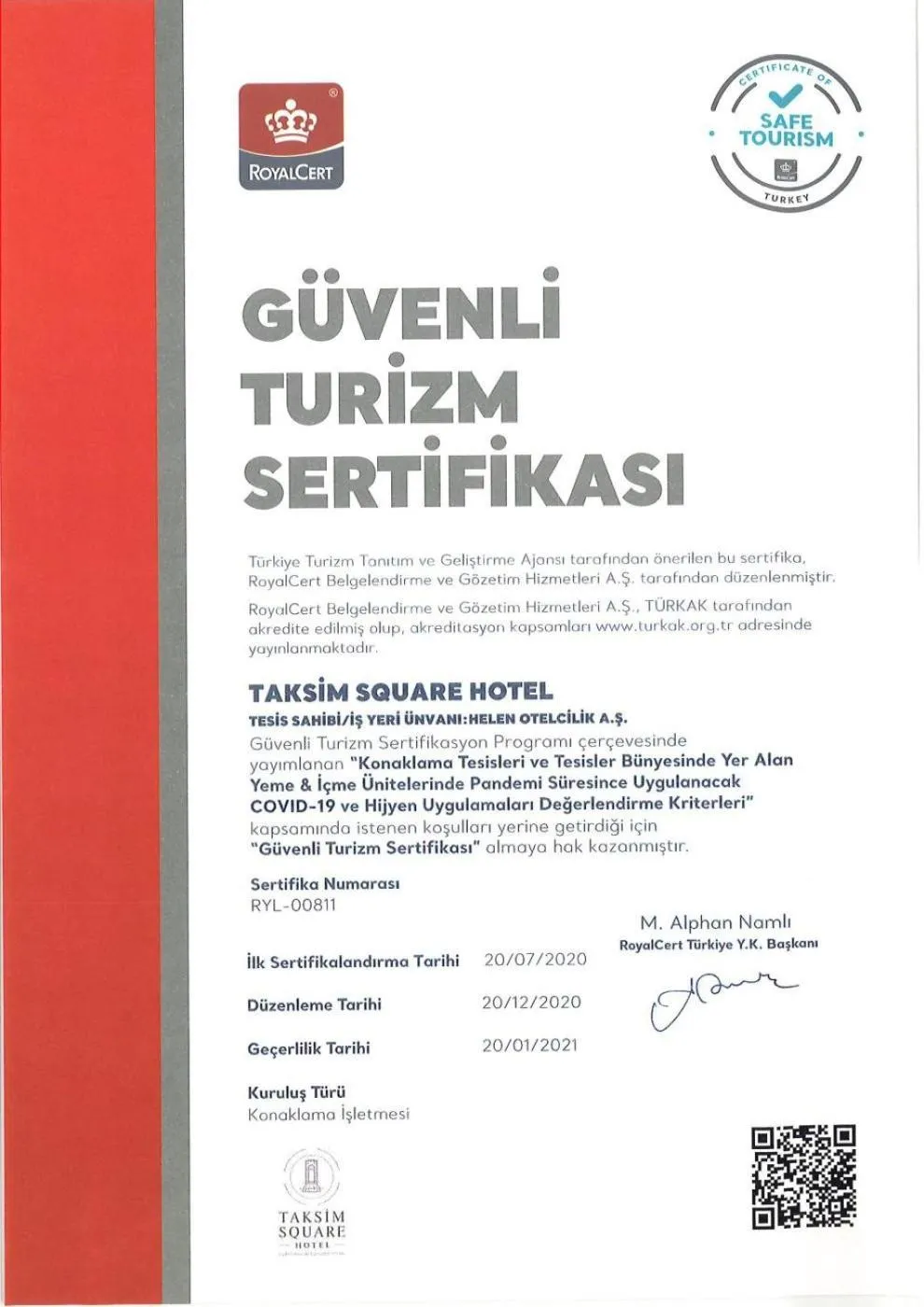 Certificate/Award in Taksim Square Hotel