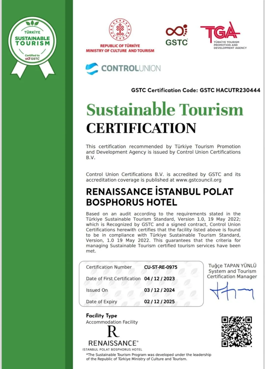 Certificate/Award in Renaissance Istanbul Polat Bosphorus Hotel