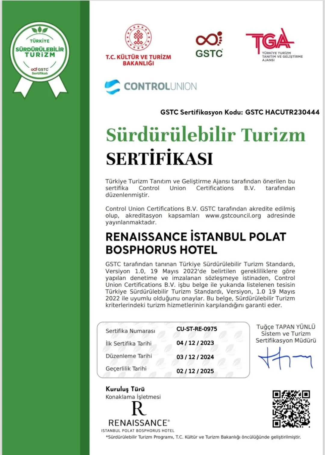 Certificate/Award in Renaissance Istanbul Polat Bosphorus Hotel