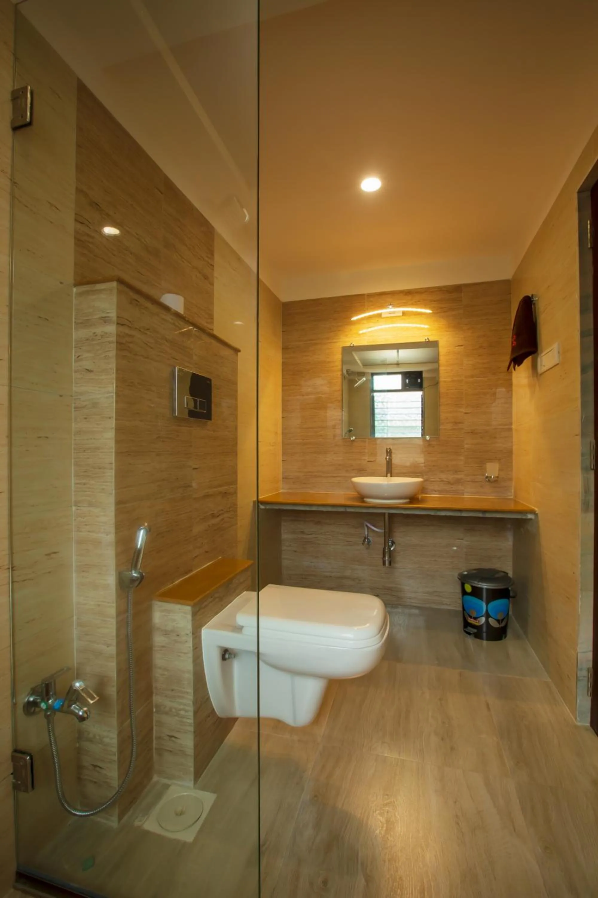 Shower in SaffronStays Ekaant- 3BR pet-friendly pool villa with lawn, games & river walk in gated community near Mumbai