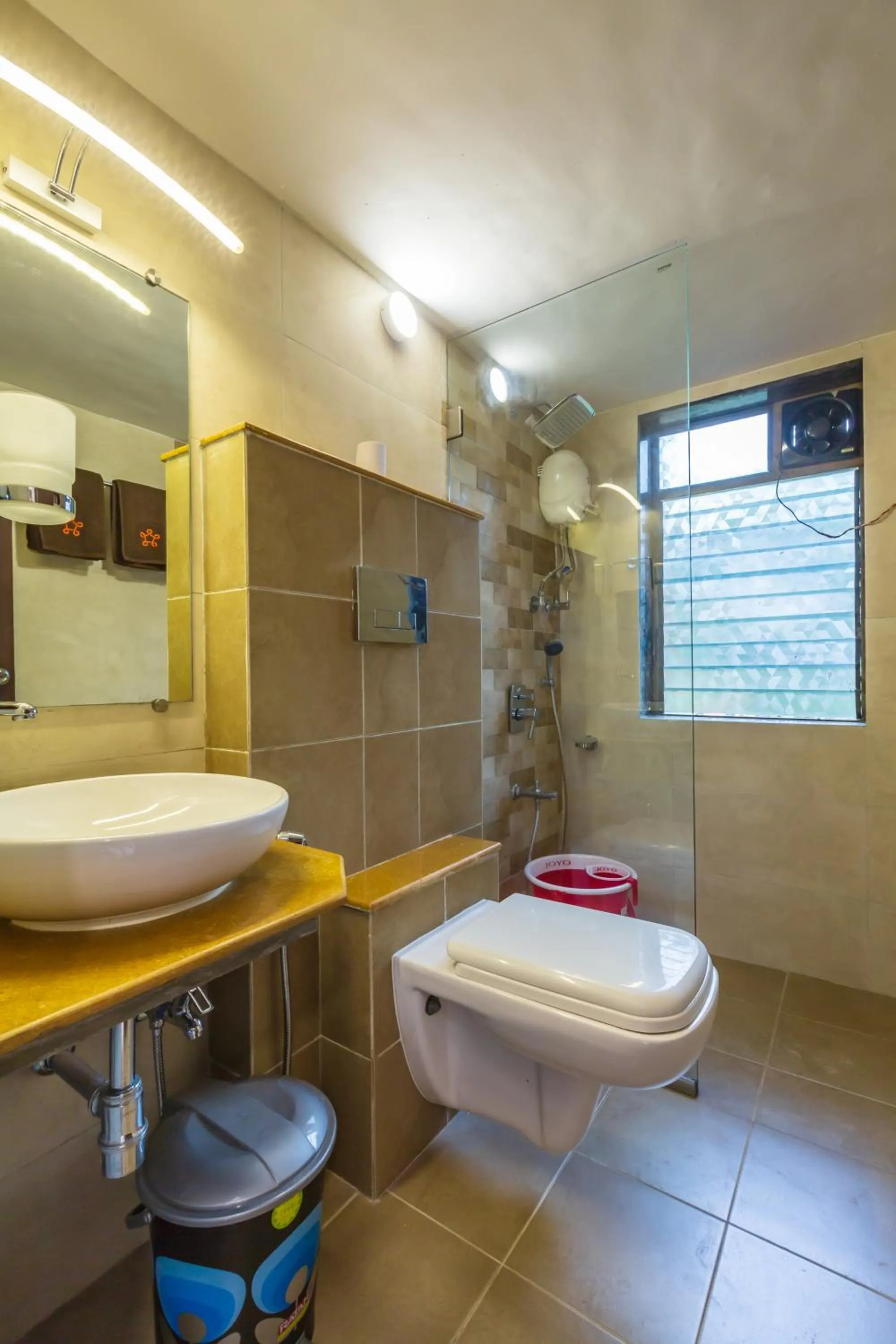 Shower in SaffronStays Ekaant- 3BR pet-friendly pool villa with lawn, games & river walk in gated community near Mumbai