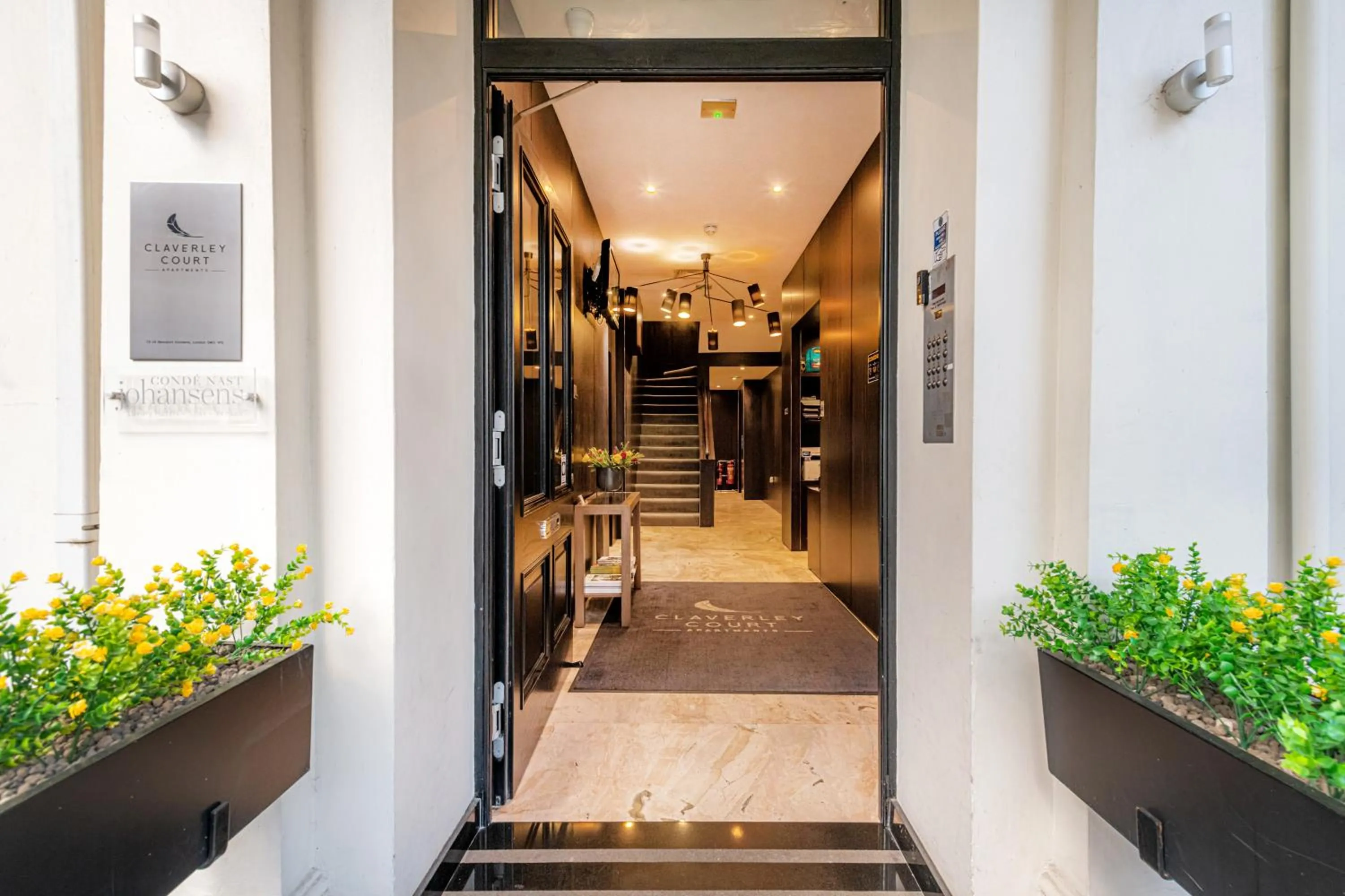 Facade/entrance in Claverley Court Apartments Knightsbridge