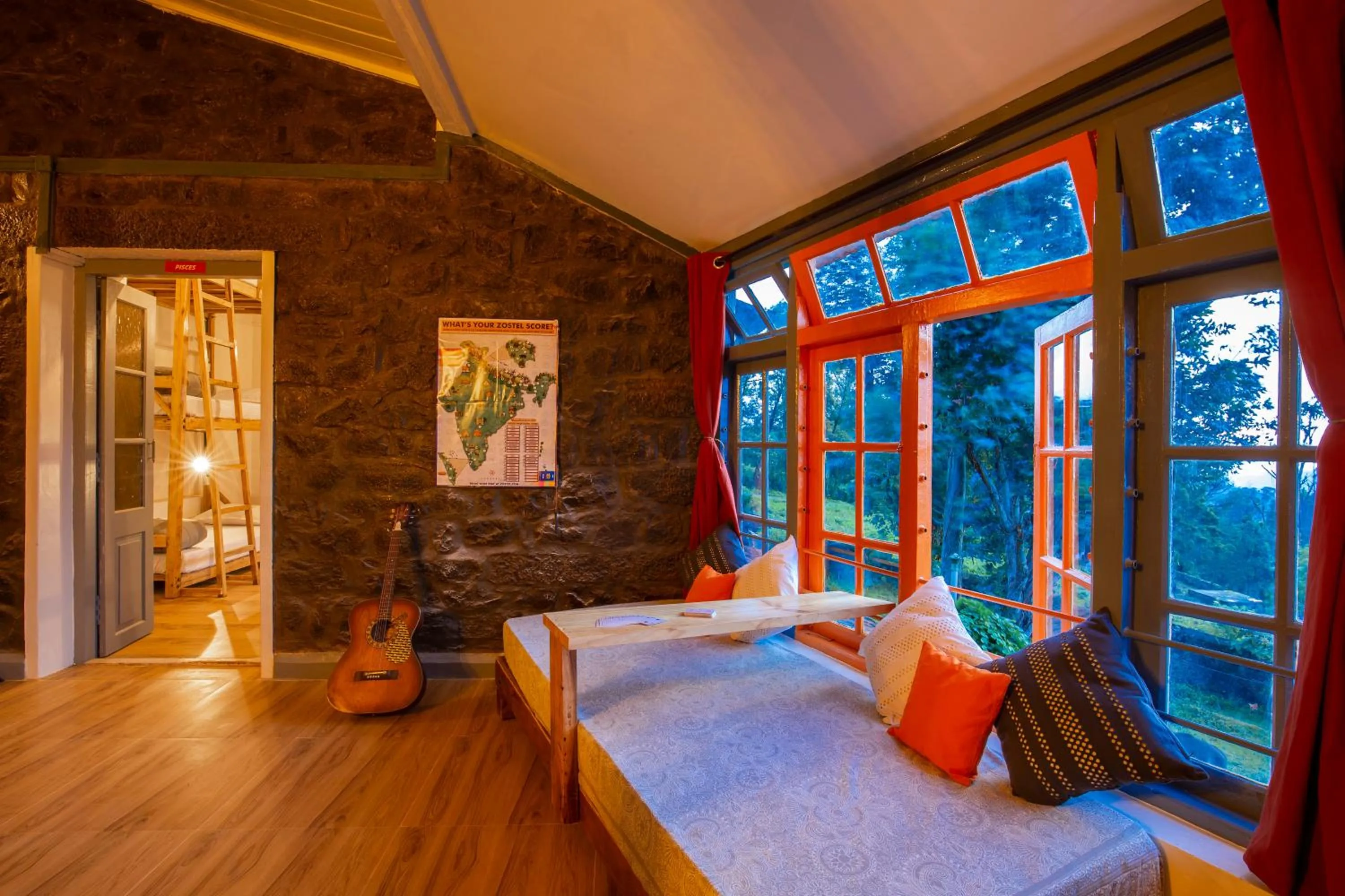 Seating area, Bed in Zostel Kodaikanal