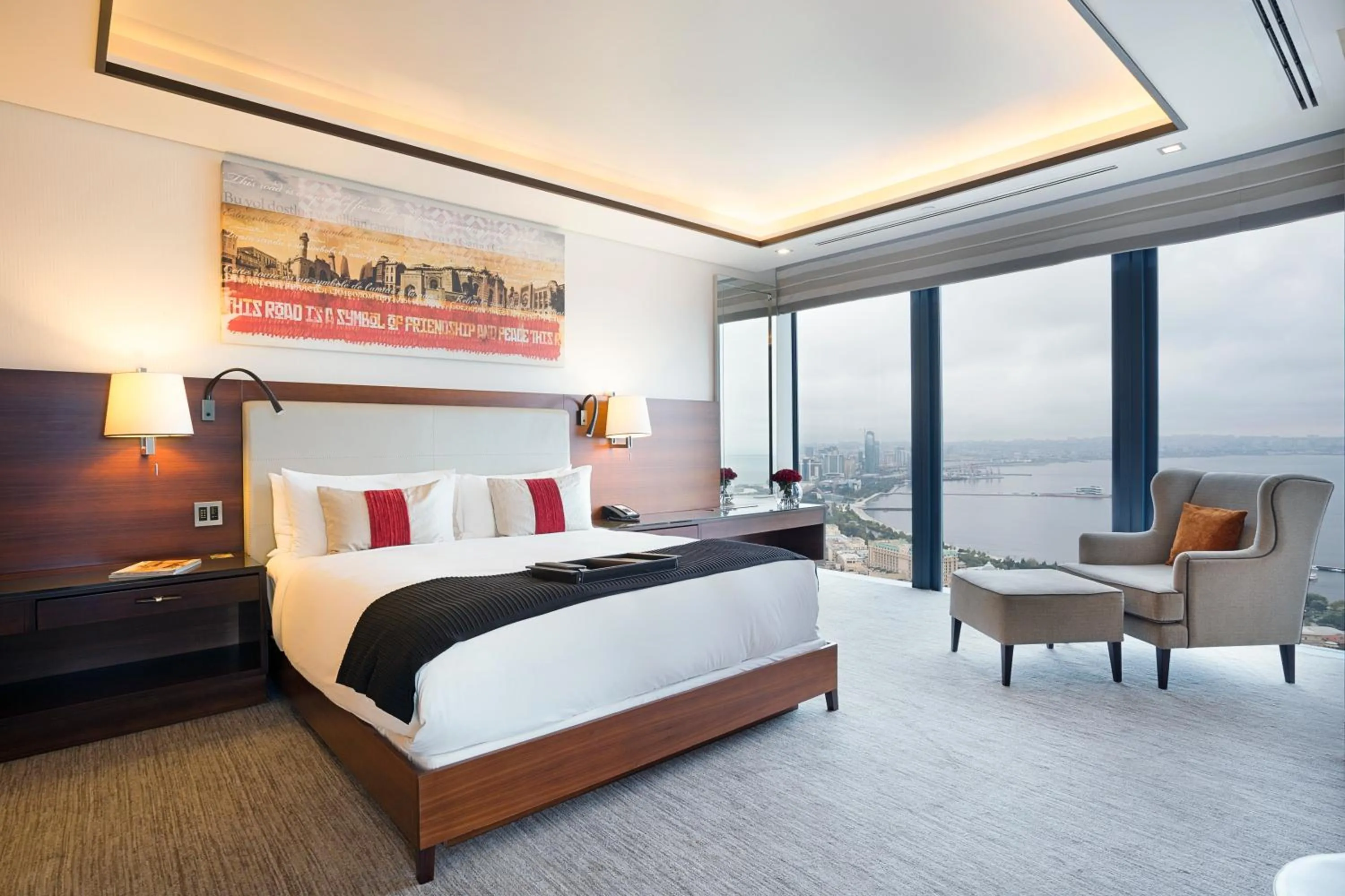 Sea view, Bed in Fairmont Baku, Flame Towers