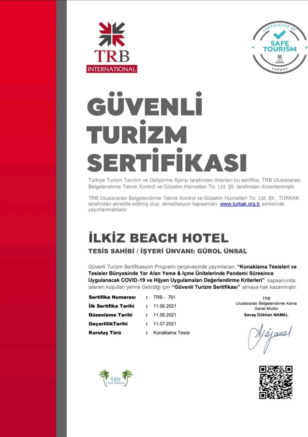 Certificate/Award in İlkiz Beach Hotel