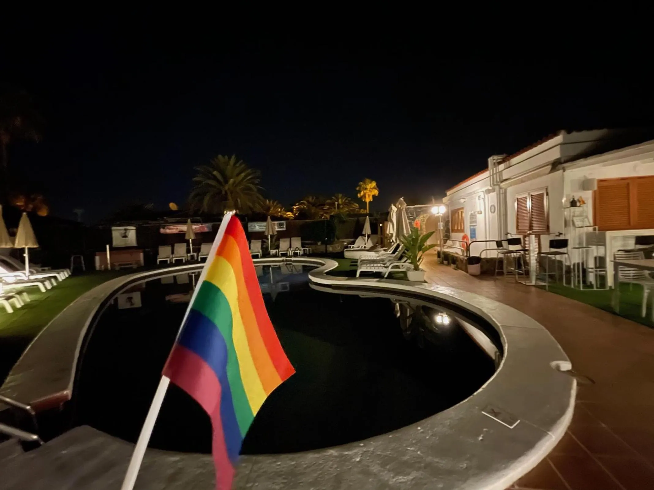 Pool view in Rainbow Golf Bungalows, Gay Men-only Resort