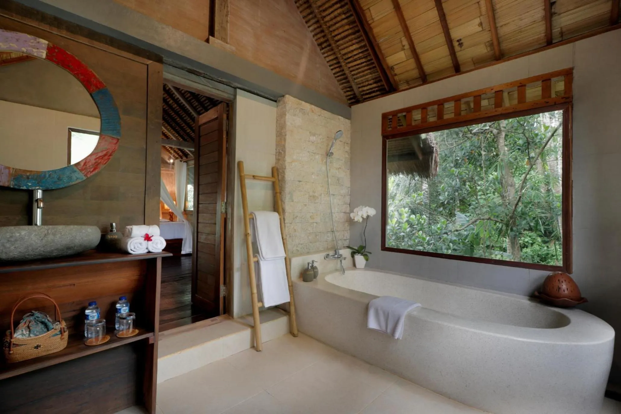 Bathroom, Bed in Keramas Sacred River Retreat Resort and Villa